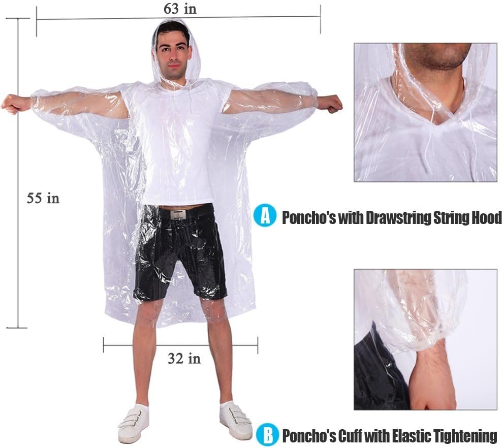 Rain Ponchos,with Drawstring Hood (10 Pack) Emergency Disposable Rain Ponchos Family Pack for Adults,Clear - Image 3