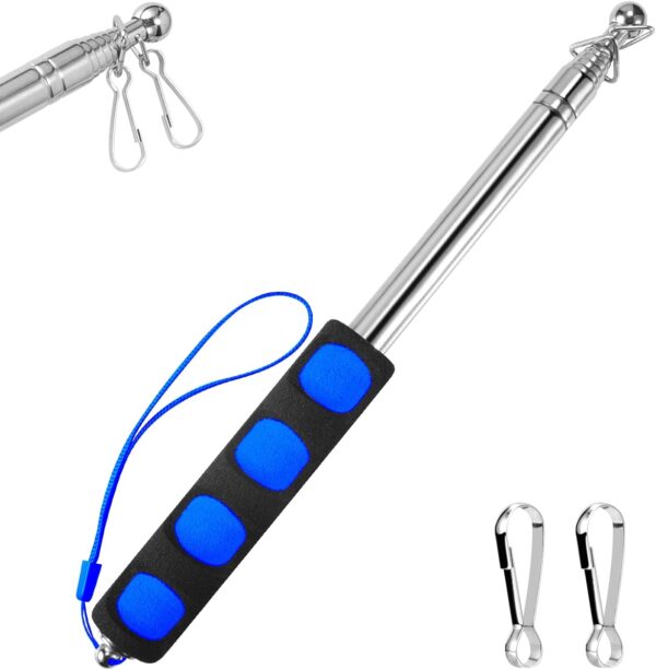 1.6M Telescopic Handheld Flagpoles with Clips, 5.25 Feet Thick Portable Stainless Steel Telescopic Banner Flag Pole – Tour Guide Flag Pole – Teaching Pointer Stick (5 Ft, Blue Black,1 Pack)