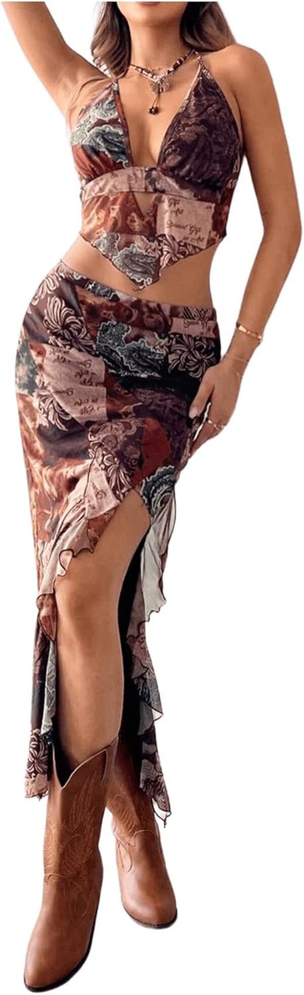 Verdusa Women’s 2 Piece Boho Western Tie Dye Outfits Backless Halter Tie Back Top Split Thigh Skirt