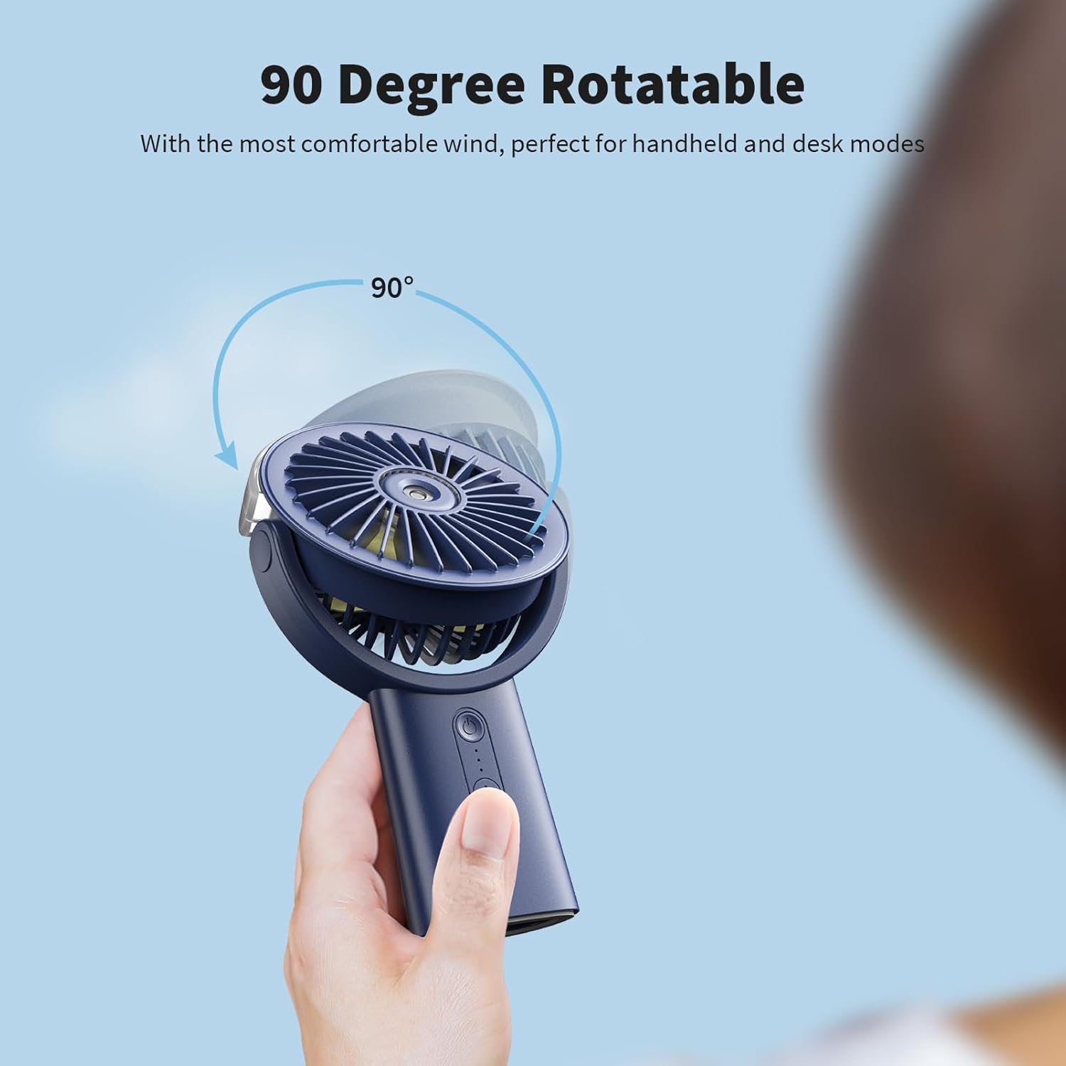 Otlonpe Handheld Misting Fan Portable, 4000mAh Rechargeable Small Personal Water Spray Hand Held Mist Fan Battery Operated, 90° Rotatable, Power Bank for Travel Home Office Men Women Kids (Blue) - Image 8