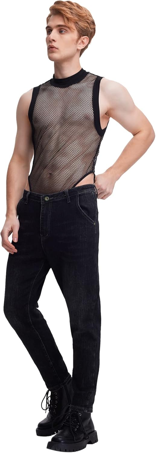 WDIRARA Men's Fishnet Mesh Mock Neck Tank Tops Sleeveless Tee Tops Bodysuit - Image 5