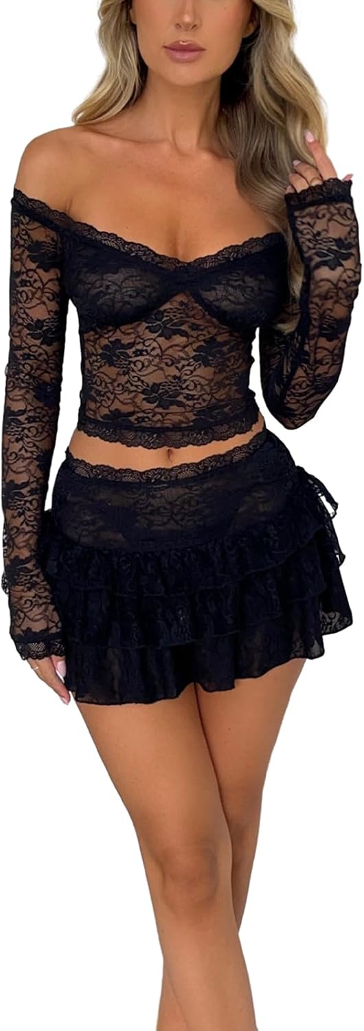 Women 2 Piece Lace Mini Skirt Set Sheer Mesh Deep V Neck Crop Top Bodycon Skirt Matching Set Y2k Party Club Outfit - Image 3