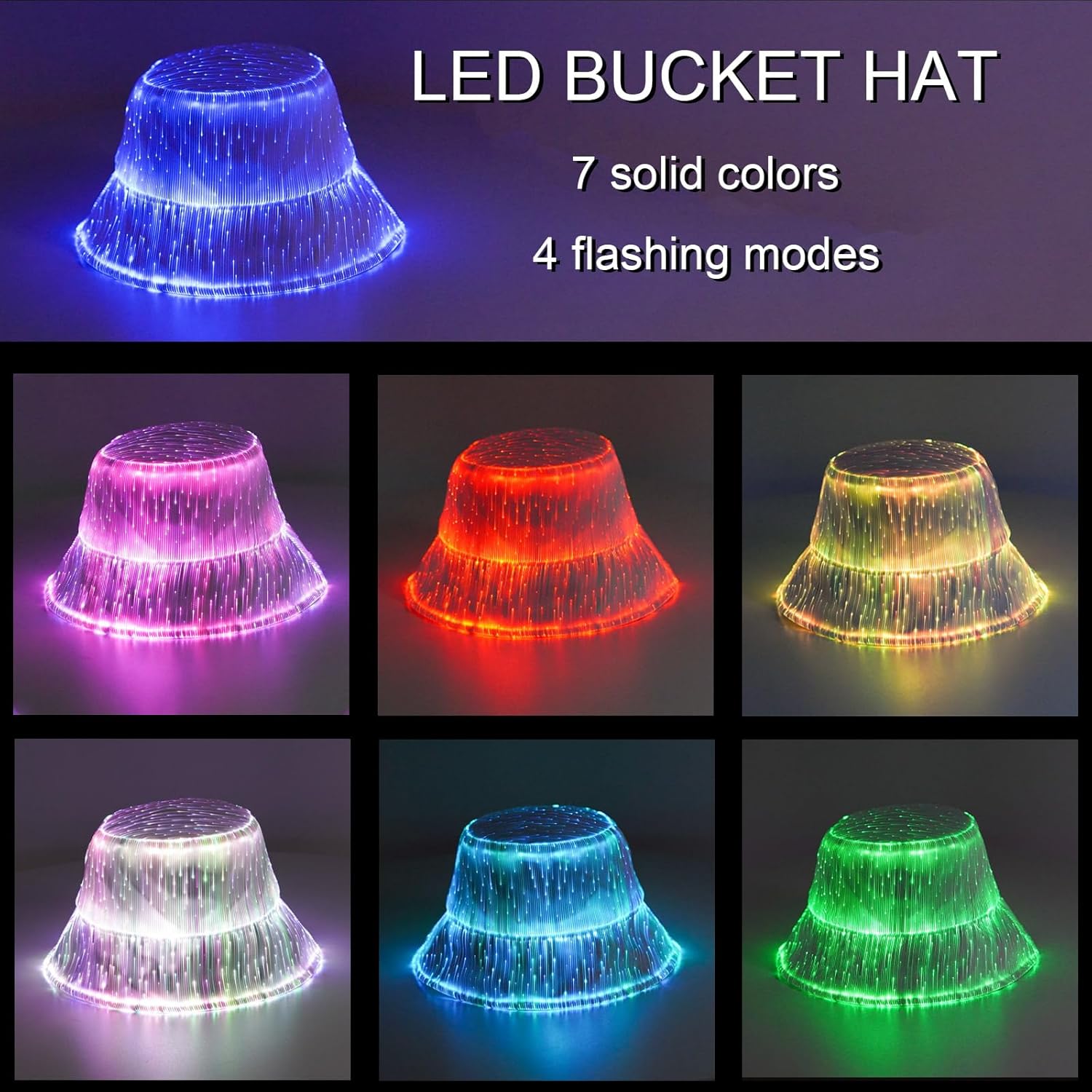 LED Rave Bucket Hat Light up Fisherman Cap 7 Colors Glow in the Dark Party Hats USB Rechargeable EDM Festival Gear - Image 2