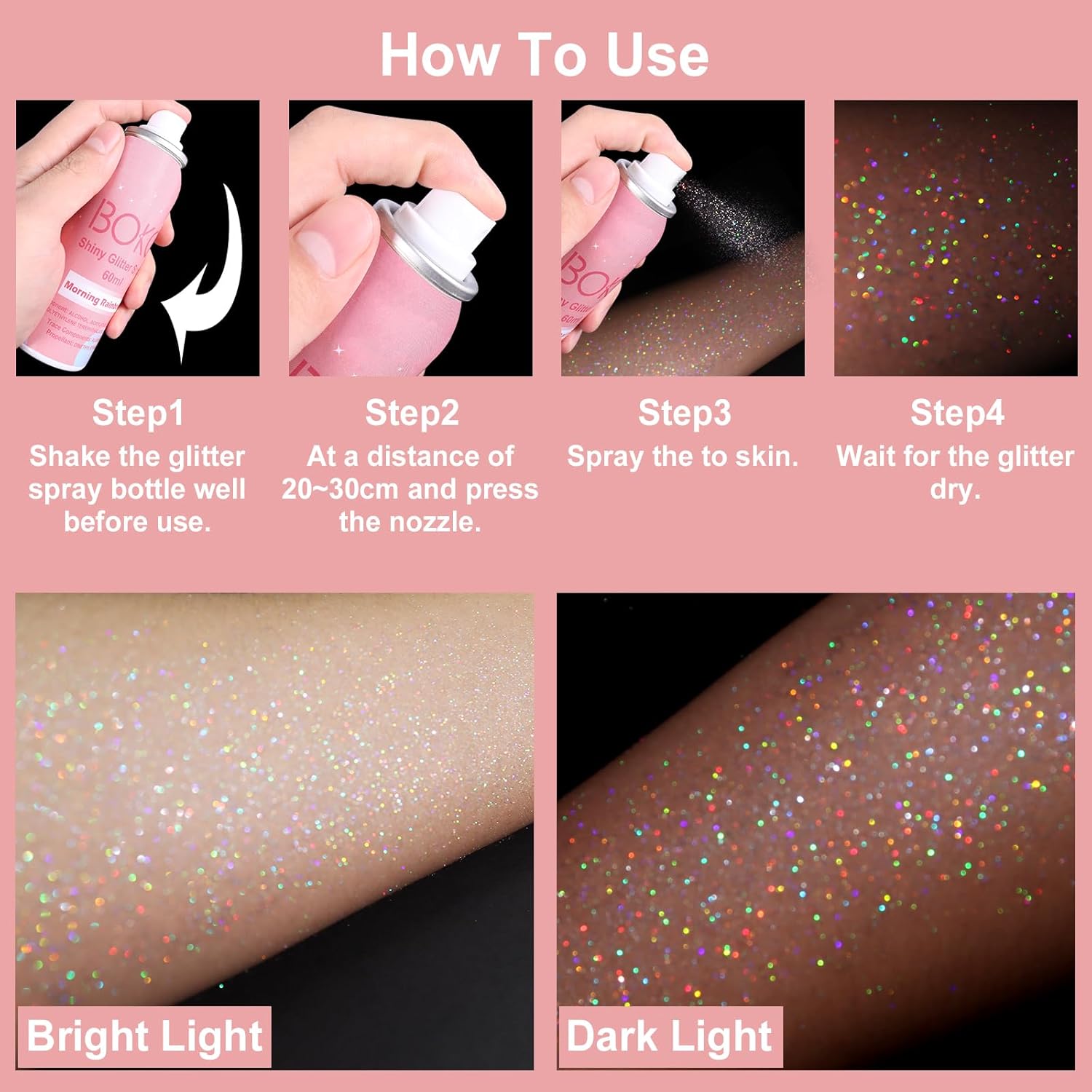 Boko Body Glitter Spray, 60ML Holographic Silver Glitter Spray for Body Hair Clothes, Quick-Drying and Long-Lasting Glitter Hairspray Body Shiny for Festival Music Concert Party Rave Accessories - Image 7