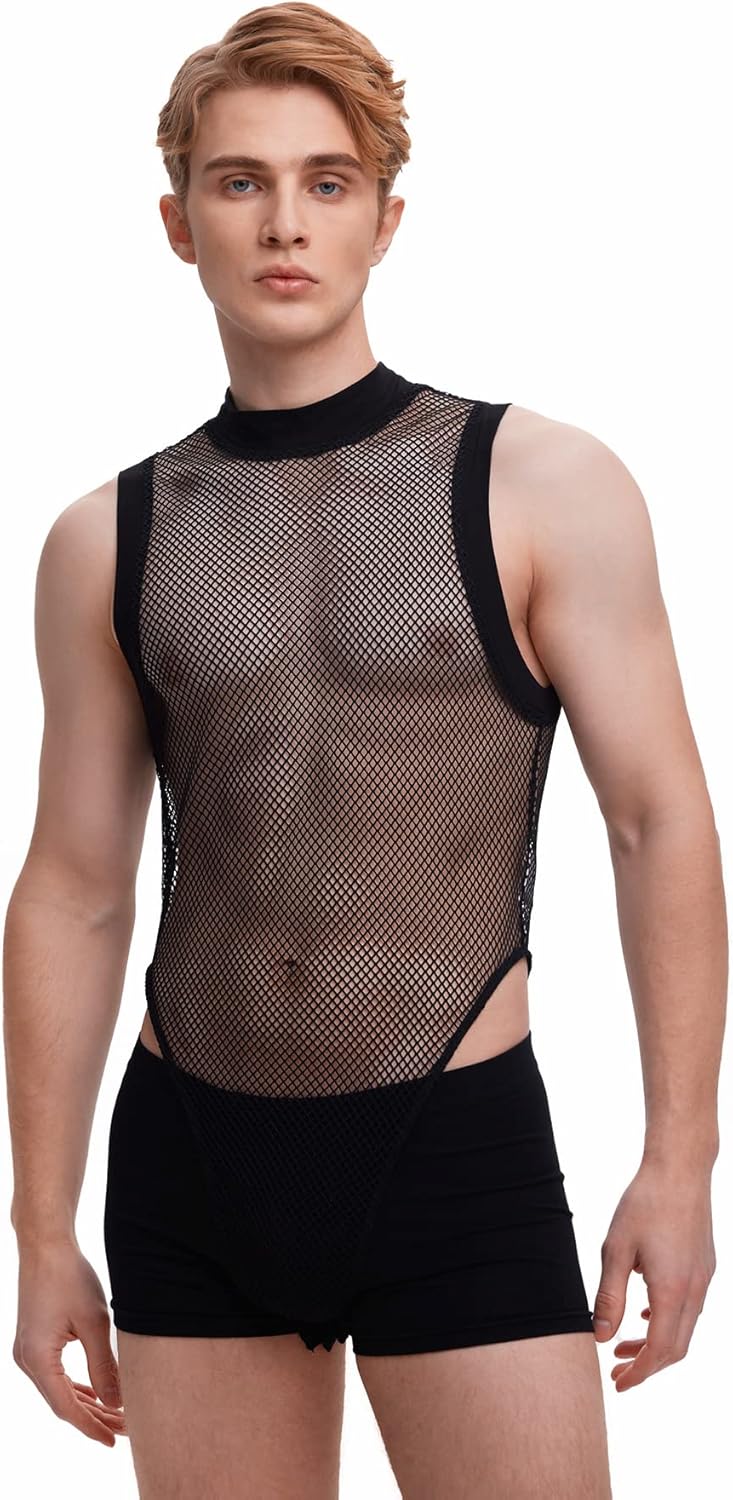 WDIRARA Men's Fishnet Mesh Mock Neck Tank Tops Sleeveless Tee Tops Bodysuit