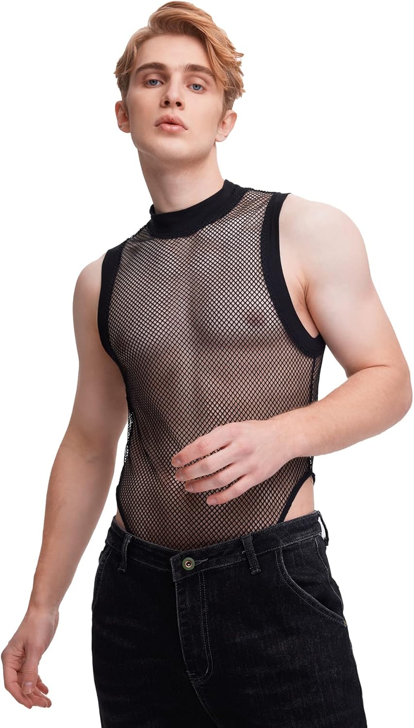 WDIRARA Men's Fishnet Mesh Mock Neck Tank Tops Sleeveless Tee Tops Bodysuit - Image 3