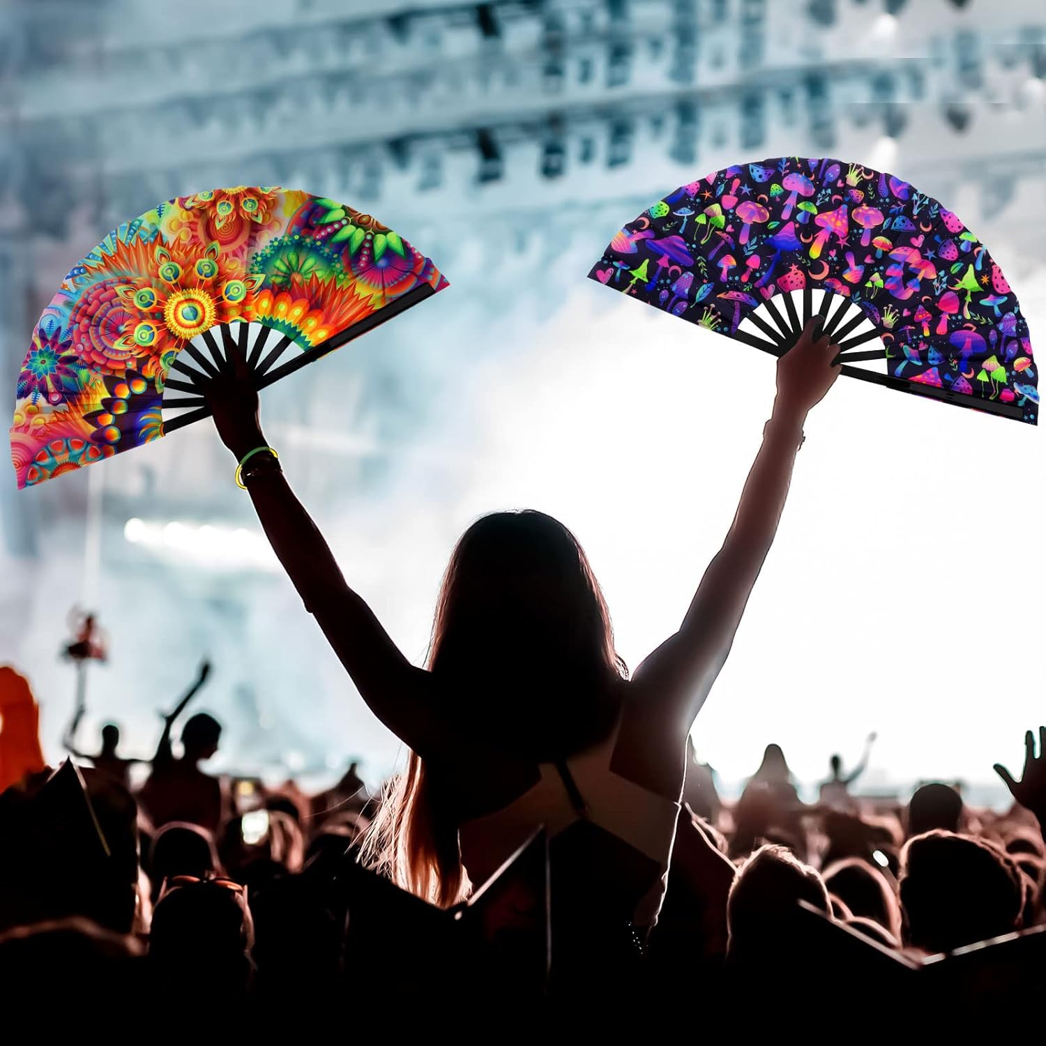 BBTO 4 Pcs Clap Fans for Line Dancing UV Glow Large Folding Hand Rave Fan Men Women Chinese Japanese Bamboo Clack Hand Fan for EDM Music Festival Club Party Dance Gift, 4 Styles, 25"(Fresh) - Image 3