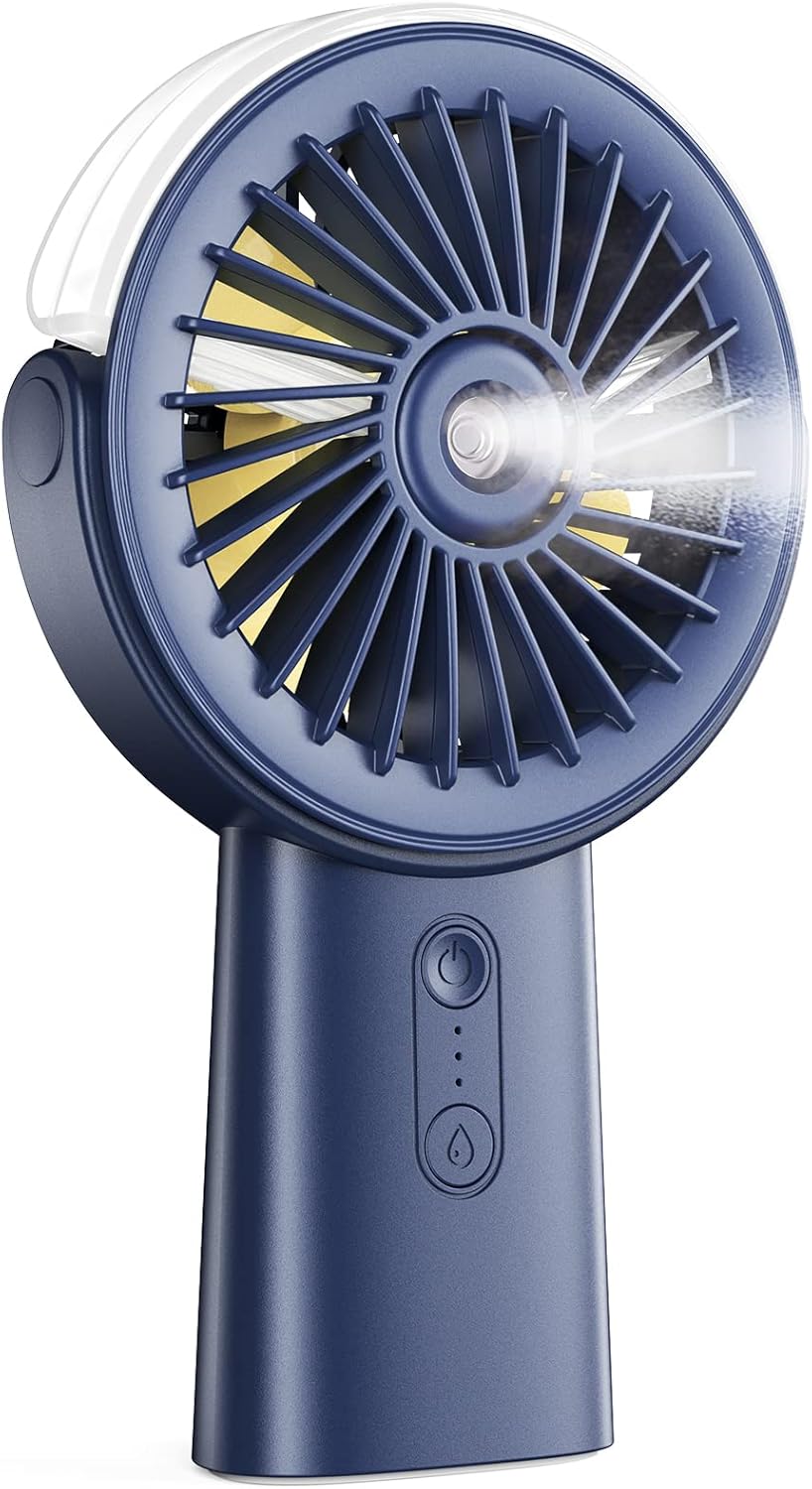 Otlonpe Handheld Misting Fan Portable, 4000mAh Rechargeable Small Personal Water Spray Hand Held Mist Fan Battery Operated, 90° Rotatable, Power Bank for Travel Home Office Men Women Kids (Blue)