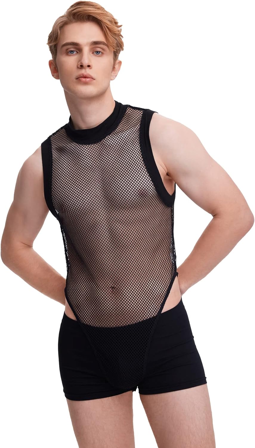 WDIRARA Men's Fishnet Mesh Mock Neck Tank Tops Sleeveless Tee Tops Bodysuit - Image 4