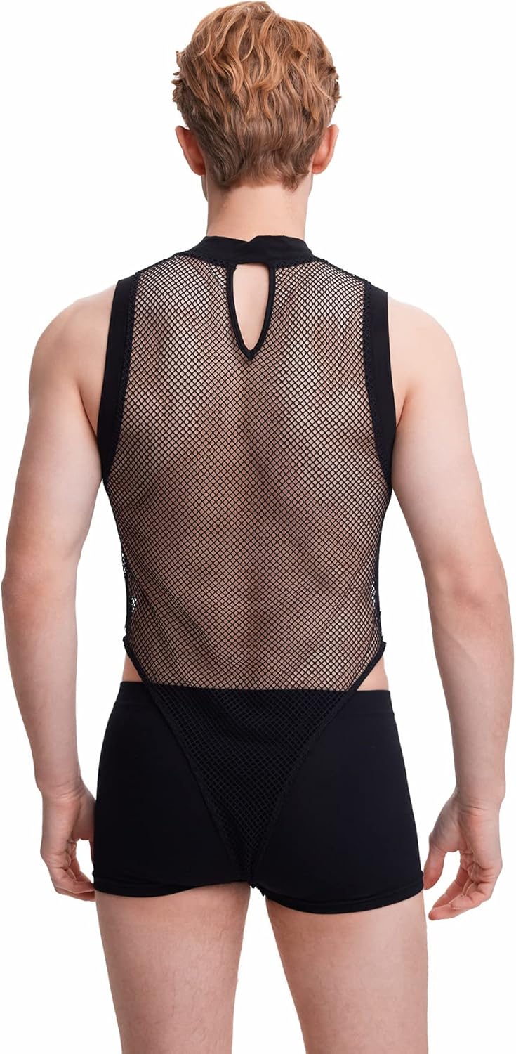 WDIRARA Men's Fishnet Mesh Mock Neck Tank Tops Sleeveless Tee Tops Bodysuit - Image 2