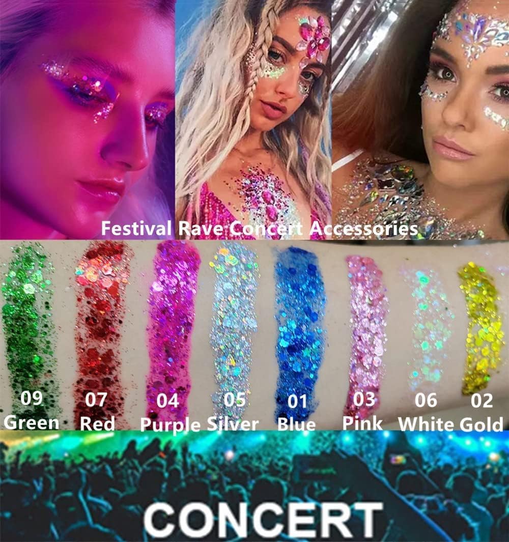 Go Ho Clear White Face Body Glitter,Mardi Gras Festival Rave Outfits for Women&Kids,Holographic Mermaid White Face Paint,Halloween Fairy Makeup Chunky Glitter Sequins Gel,Rave Accessories,52g - Image 6