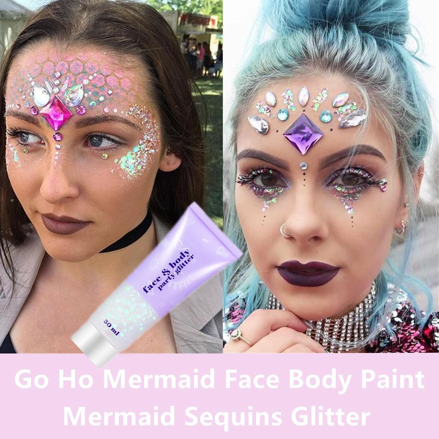 Go Ho Clear White Face Body Glitter,Mardi Gras Festival Rave Outfits for Women&Kids,Holographic Mermaid White Face Paint,Halloween Fairy Makeup Chunky Glitter Sequins Gel,Rave Accessories,52g - Image 4