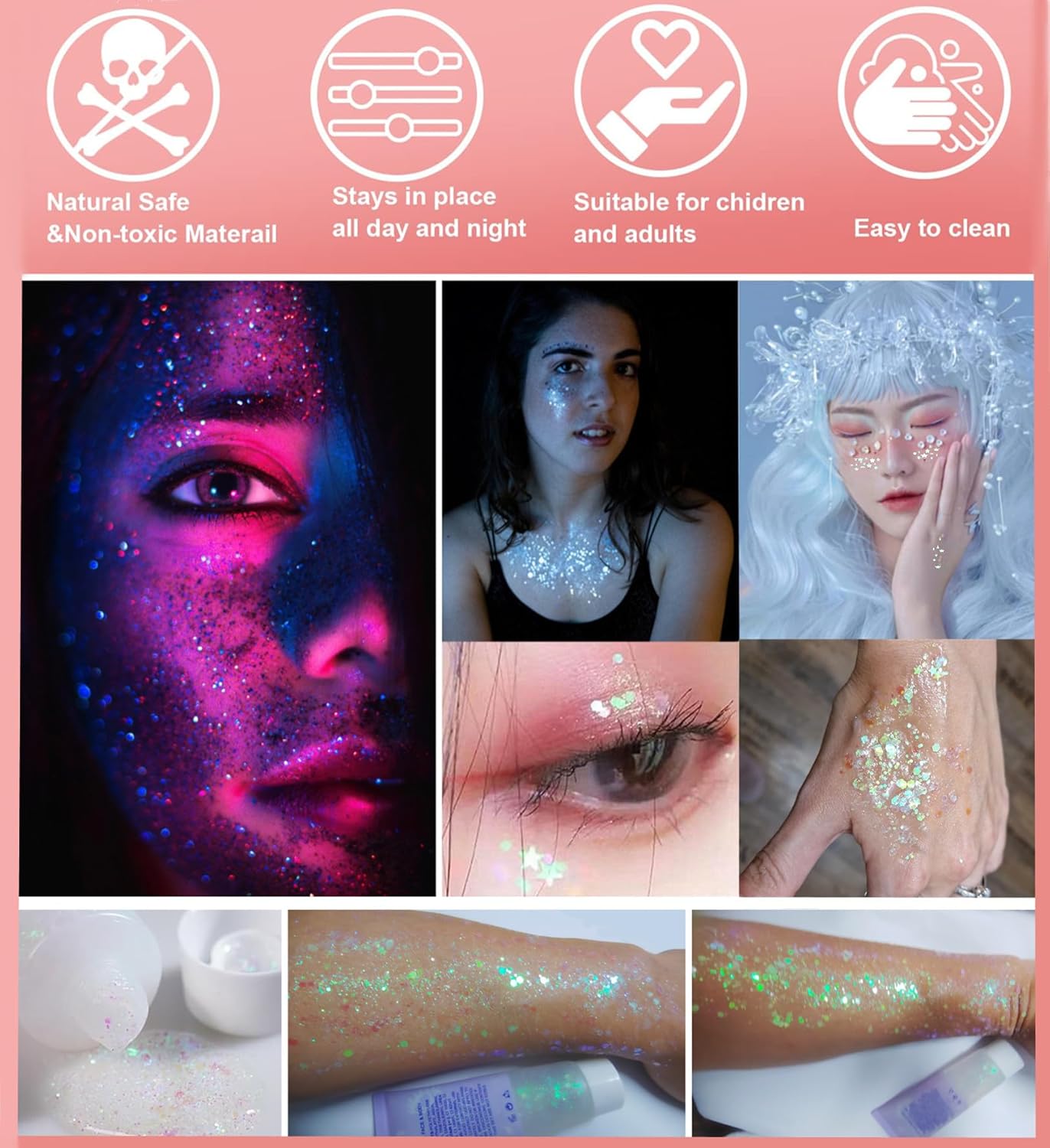 Go Ho Clear White Face Body Glitter,Mardi Gras Festival Rave Outfits for Women&Kids,Holographic Mermaid White Face Paint,Halloween Fairy Makeup Chunky Glitter Sequins Gel,Rave Accessories,52g - Image 7