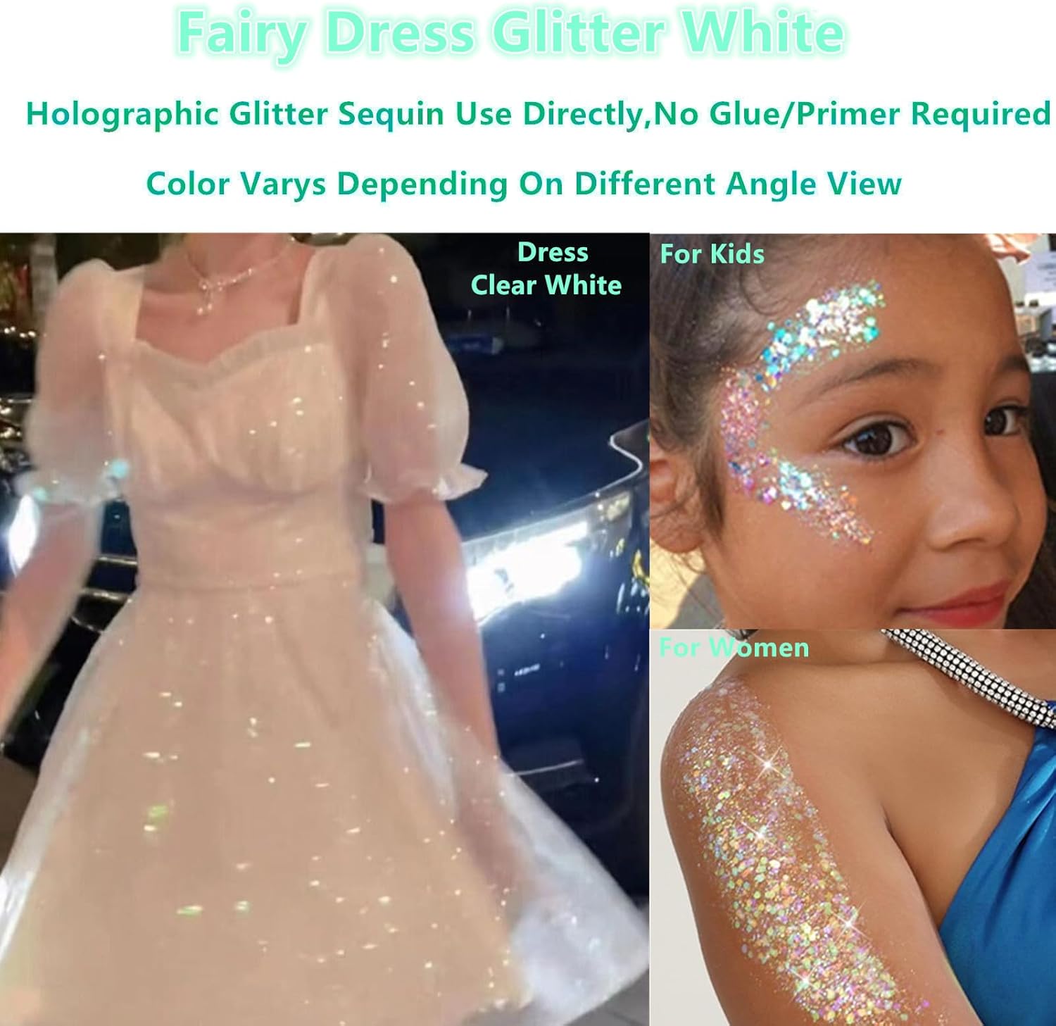Go Ho Clear White Face Body Glitter,Mardi Gras Festival Rave Outfits for Women&Kids,Holographic Mermaid White Face Paint,Halloween Fairy Makeup Chunky Glitter Sequins Gel,Rave Accessories,52g - Image 3