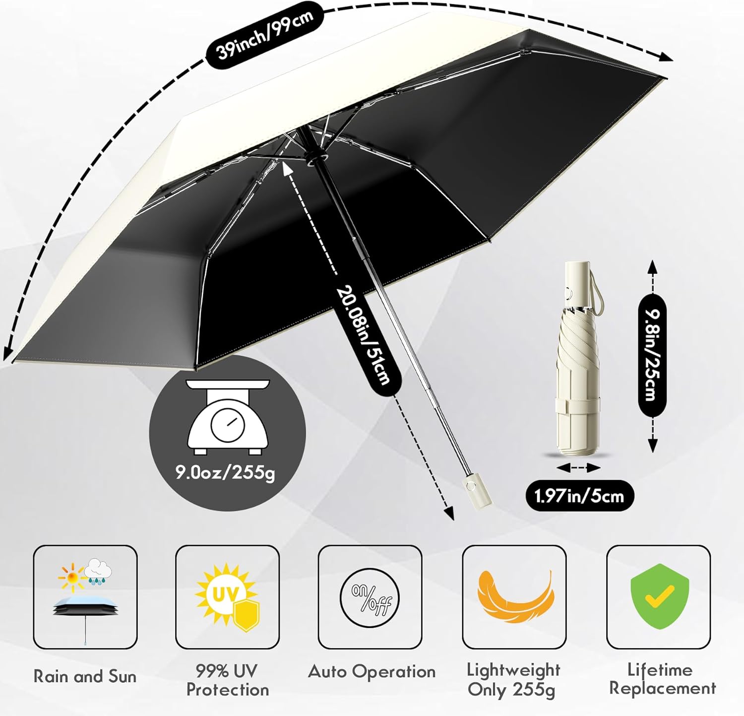 Automatic Mini Travel Windproof Folding Umbrella - UV Protection, Instant Open/Close for Rain/Sun, Small Compact Lightweight Design Fits in Tote Bag/Travel Case/Backpack for Commute,Women&Men - Image 2