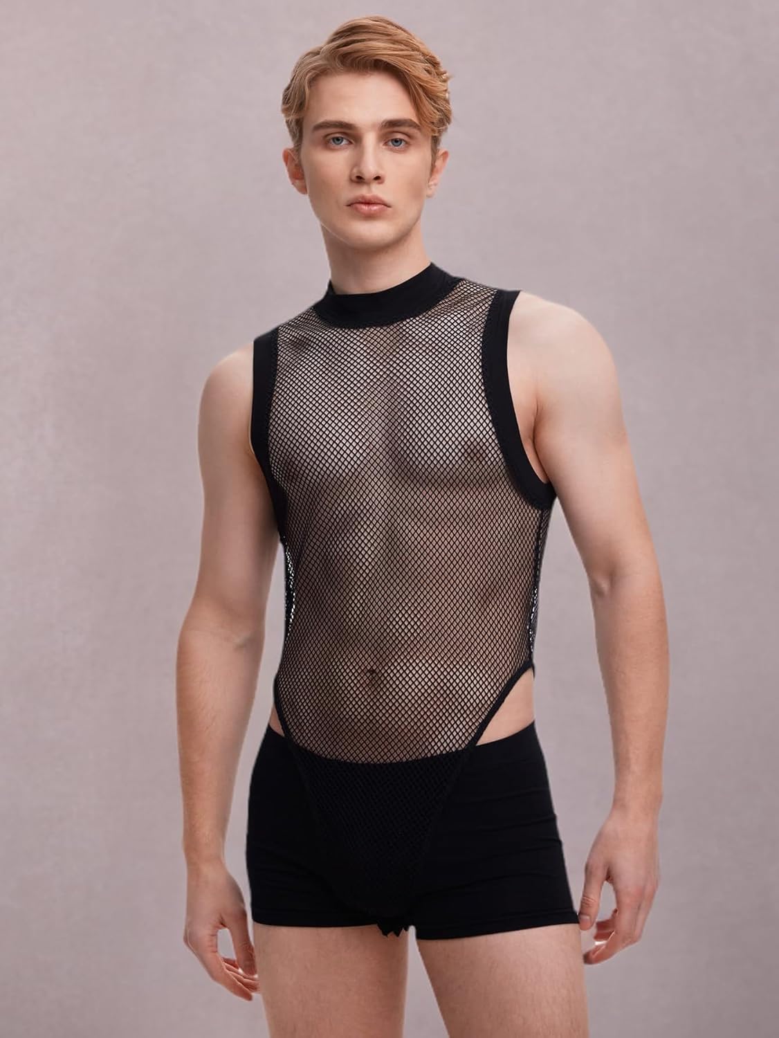 WDIRARA Men's Fishnet Mesh Mock Neck Tank Tops Sleeveless Tee Tops Bodysuit - Image 8