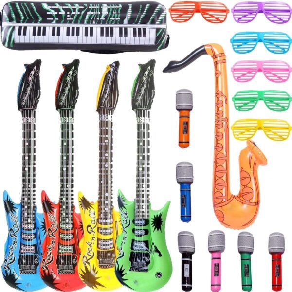 OuMuaMua Inflatable Rock Star Toy Set, 18 Pack Inflatable Party Props – 4 Inflatable Guitar, 6 Microphones, 6 Shutter Shading Glasses, 1 Saxophone and 1 Inflatable Keyboard Piano Inflatable Rock Toys