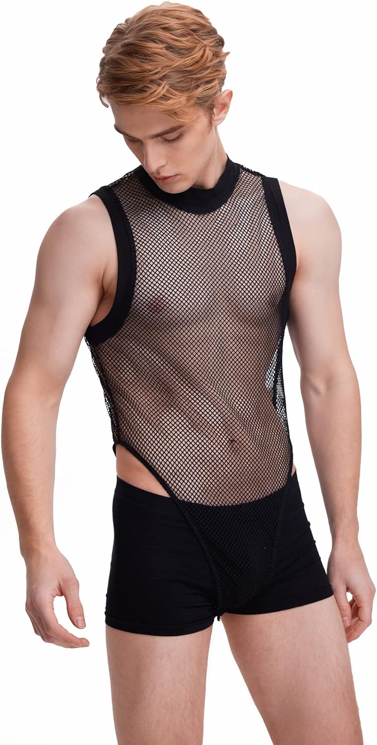WDIRARA Men's Fishnet Mesh Mock Neck Tank Tops Sleeveless Tee Tops Bodysuit - Image 6