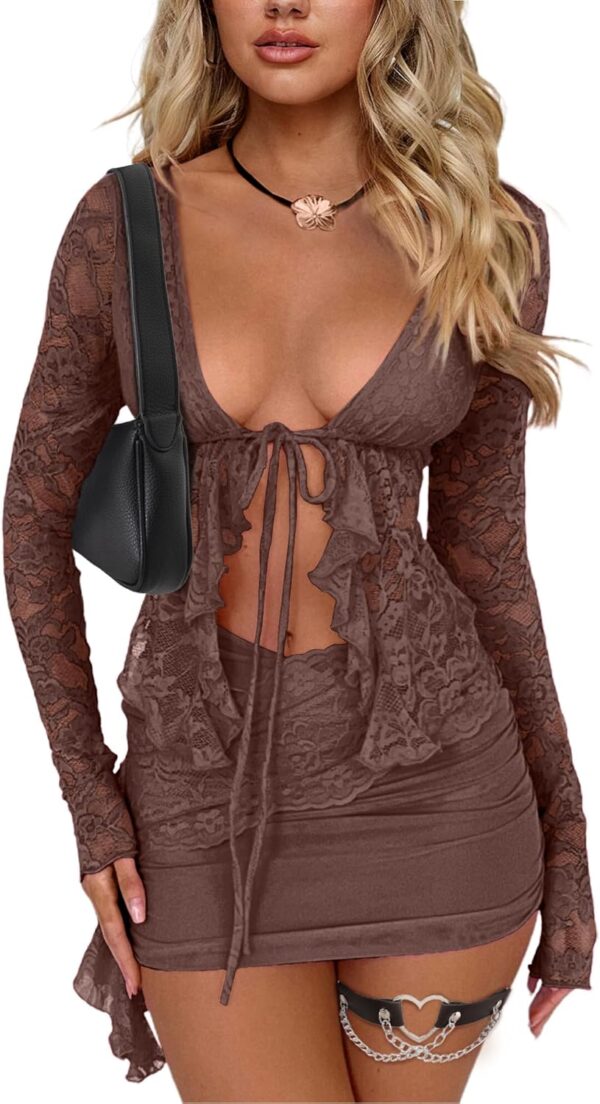 CSDAJIO 2 Piece Outfits for Women Floral Lace Open Front Tie Up Long Sleeve Crop Top Blouse Shirt and Mini Skirt Set
