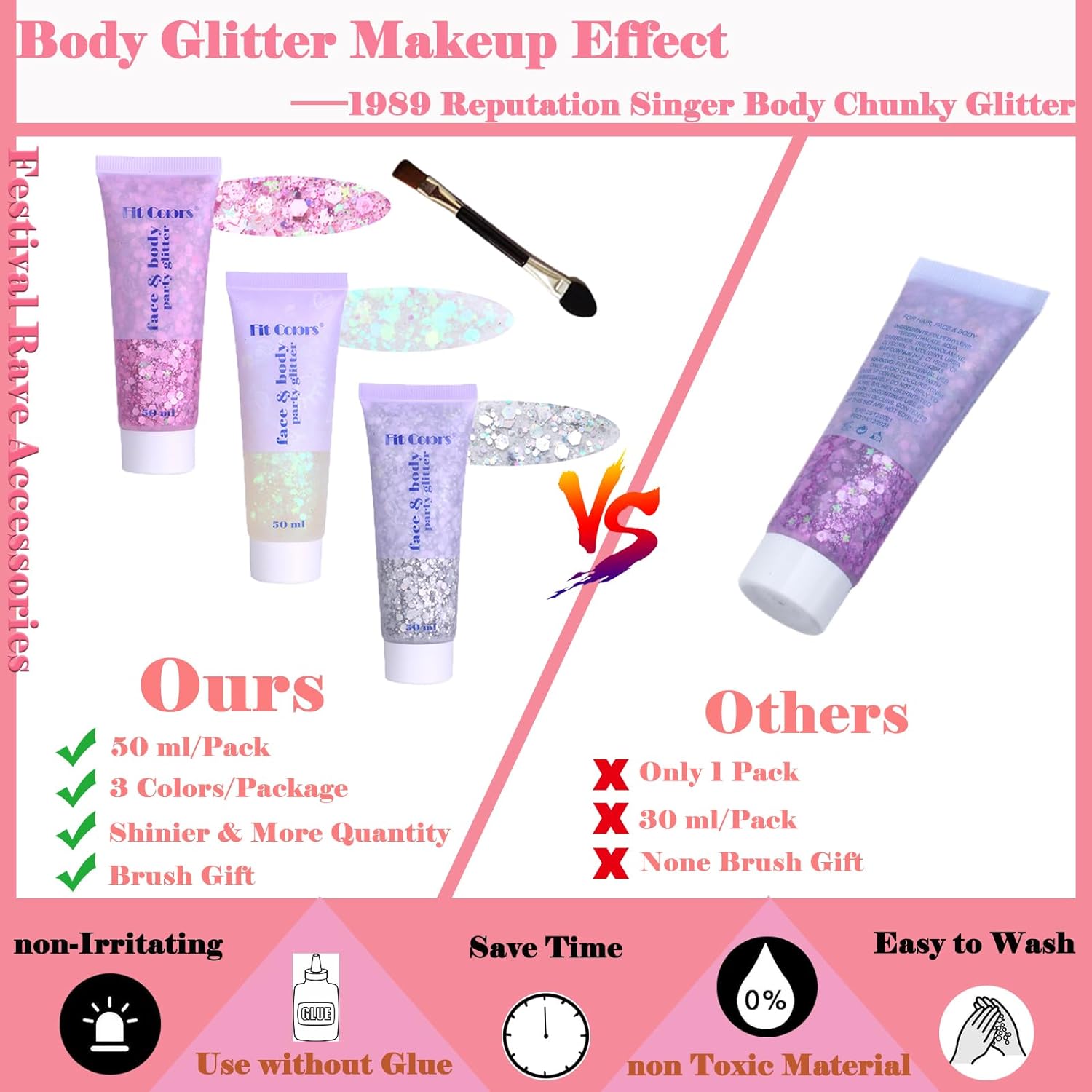 Body Glitter Face Glitter Gel: Singer Concerts Disco Festival Rave Accessories Face Glitter Makeup 150ml Chunky Sequins Mermaid Face Body Hair Glitter Gel (White&Silver&Pink) - Image 3