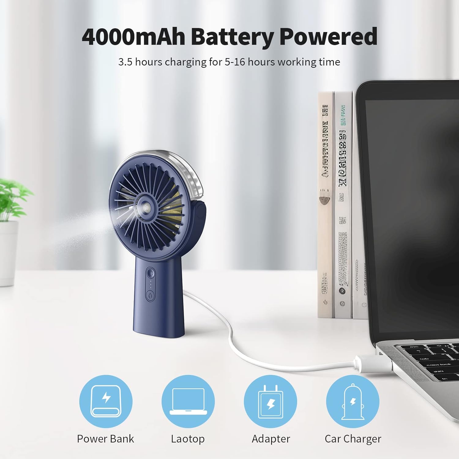 Otlonpe Handheld Misting Fan Portable, 4000mAh Rechargeable Small Personal Water Spray Hand Held Mist Fan Battery Operated, 90° Rotatable, Power Bank for Travel Home Office Men Women Kids (Blue) - Image 3