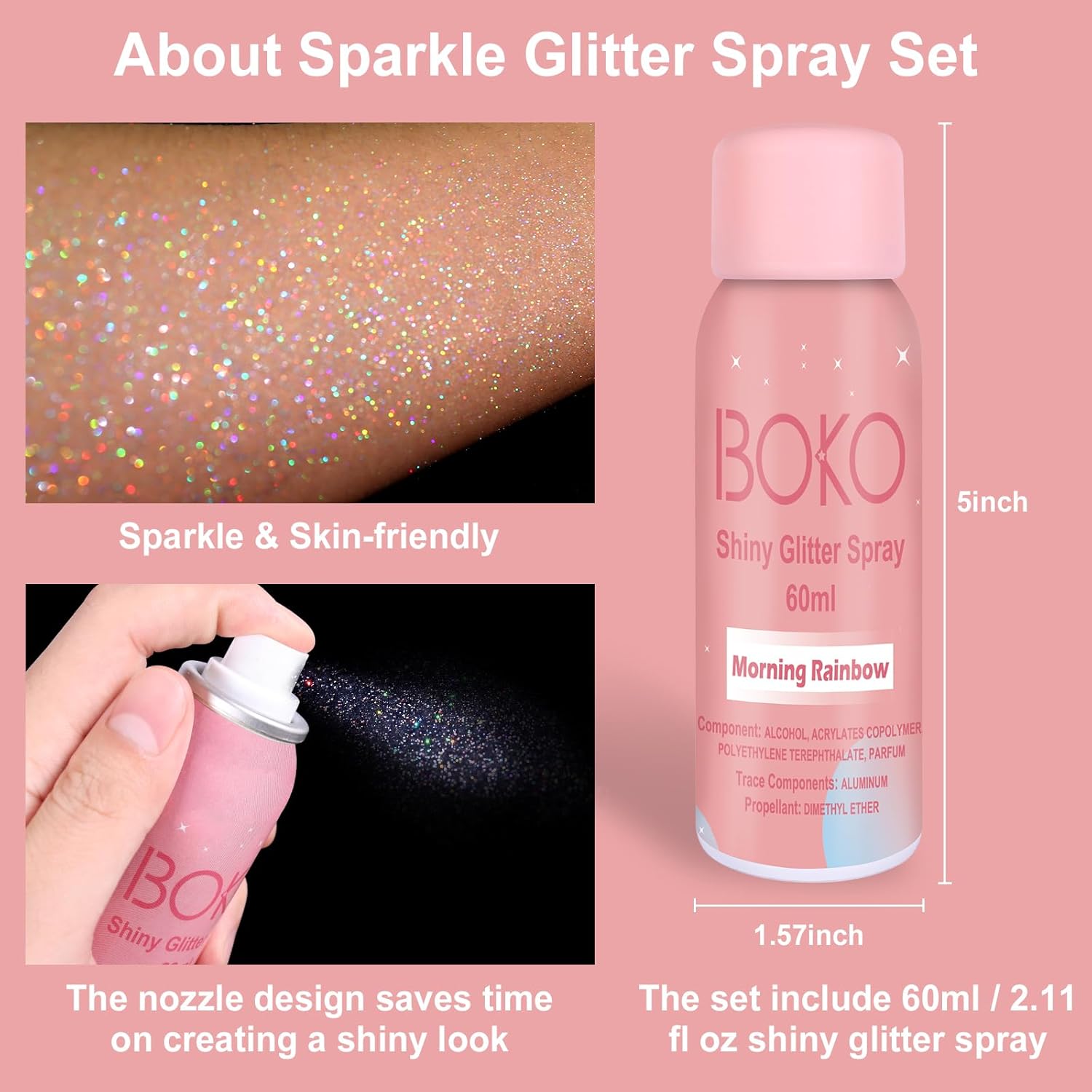 Boko Body Glitter Spray, 60ML Holographic Silver Glitter Spray for Body Hair Clothes, Quick-Drying and Long-Lasting Glitter Hairspray Body Shiny for Festival Music Concert Party Rave Accessories - Image 4