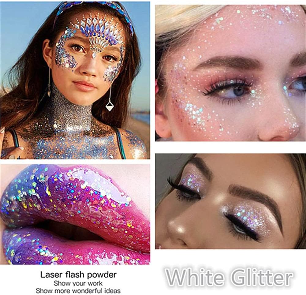 Go Ho Clear White Face Body Glitter,Mardi Gras Festival Rave Outfits for Women&Kids,Holographic Mermaid White Face Paint,Halloween Fairy Makeup Chunky Glitter Sequins Gel,Rave Accessories,52g - Image 8