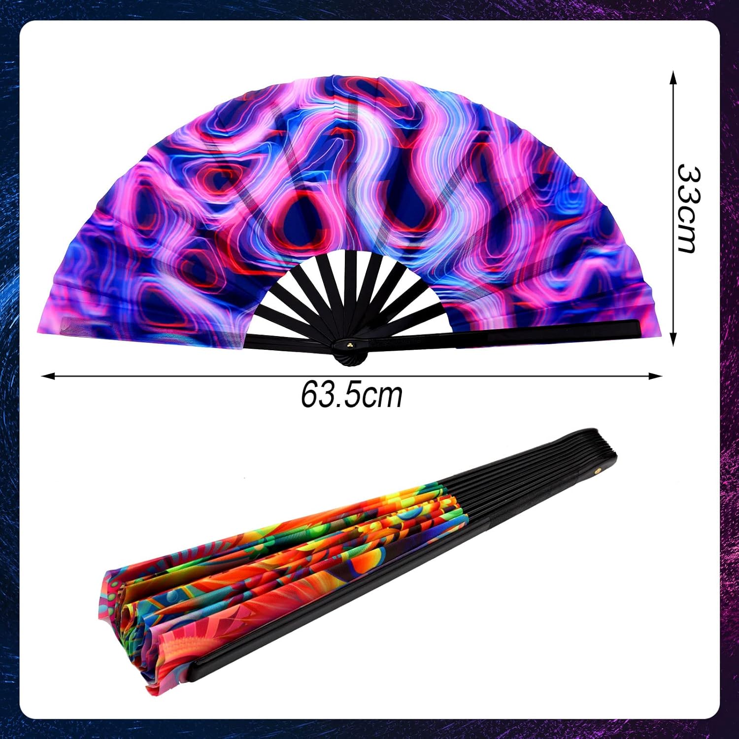 BBTO 4 Pcs Clap Fans for Line Dancing UV Glow Large Folding Hand Rave Fan Men Women Chinese Japanese Bamboo Clack Hand Fan for EDM Music Festival Club Party Dance Gift, 4 Styles, 25"(Fresh) - Image 2