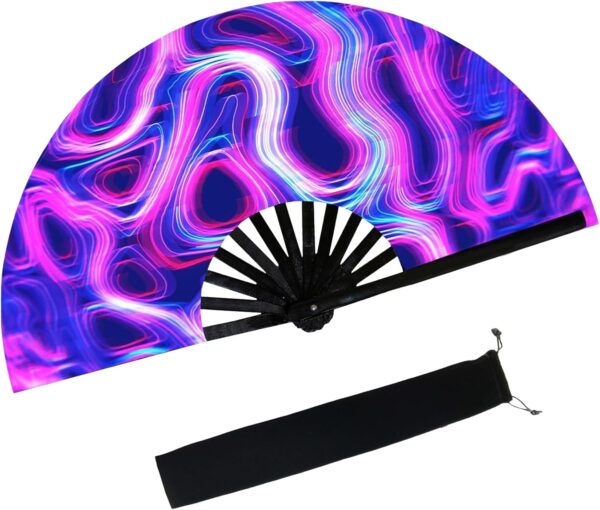 dmjuncong Large Folding Hand Rave Fan with Fan Bag, Music Festival, Carnival, Rainbow Outfits, Disco, Neon, Glow Party Decorations