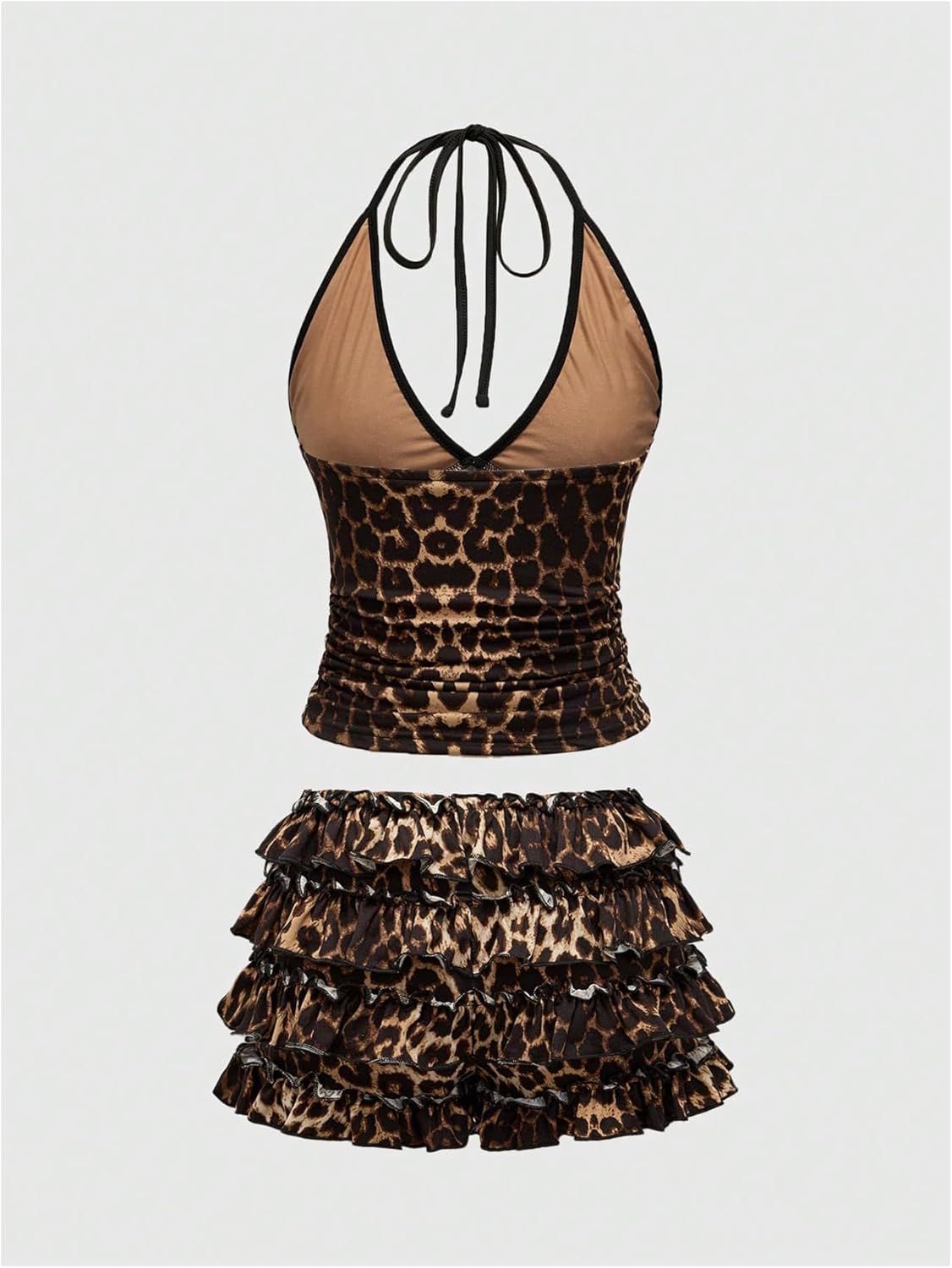SweatyRocks Women's Y2K Skirts Sets Leopard Print Lace Halter Top and Layered Mini Skirt 2 Piece Outfit - Image 2