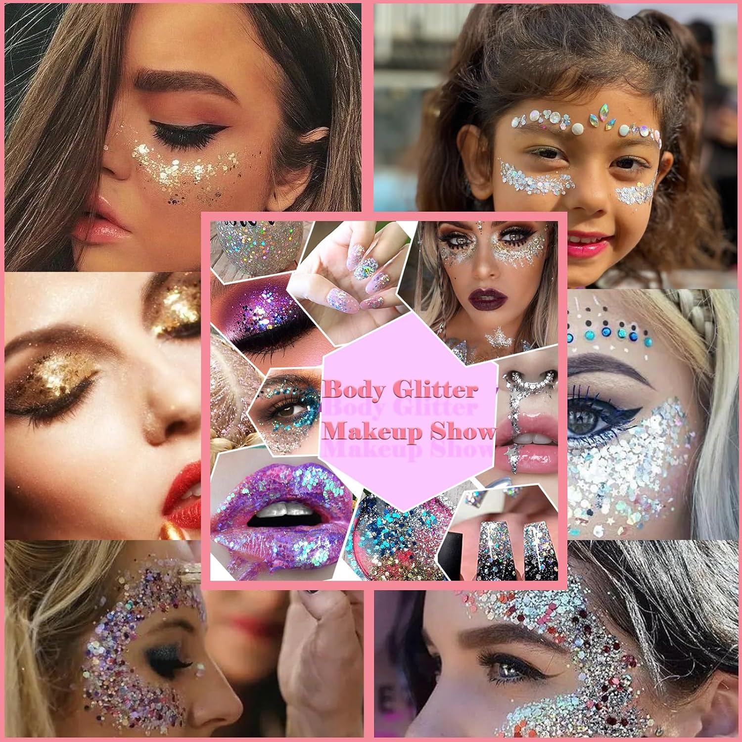 Body Glitter Face Glitter Gel: Singer Concerts Disco Festival Rave Accessories Face Glitter Makeup 150ml Chunky Sequins Mermaid Face Body Hair Glitter Gel (White&Silver&Pink) - Image 5