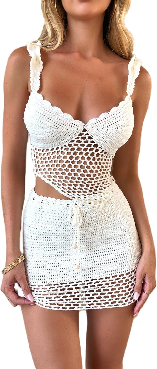 Sawden Women Y2k Crochet Knitted Two Piece Outfits Hollow Out Cami Top and High Waist Mini Skirt Beach Wear
