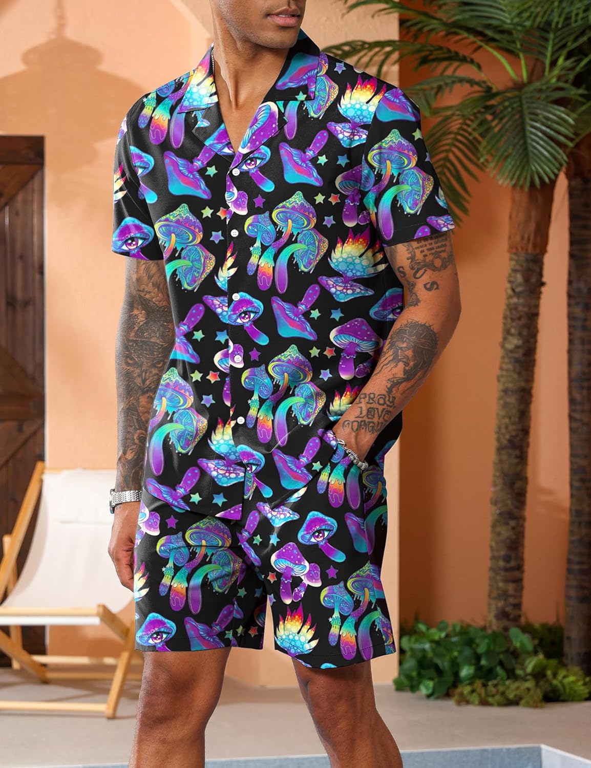 LecGee Men's Rave Outfits Hawaiian Shirts and Shorts Sets 2 Pieces Retro 80s 90s Outfit - Image 4