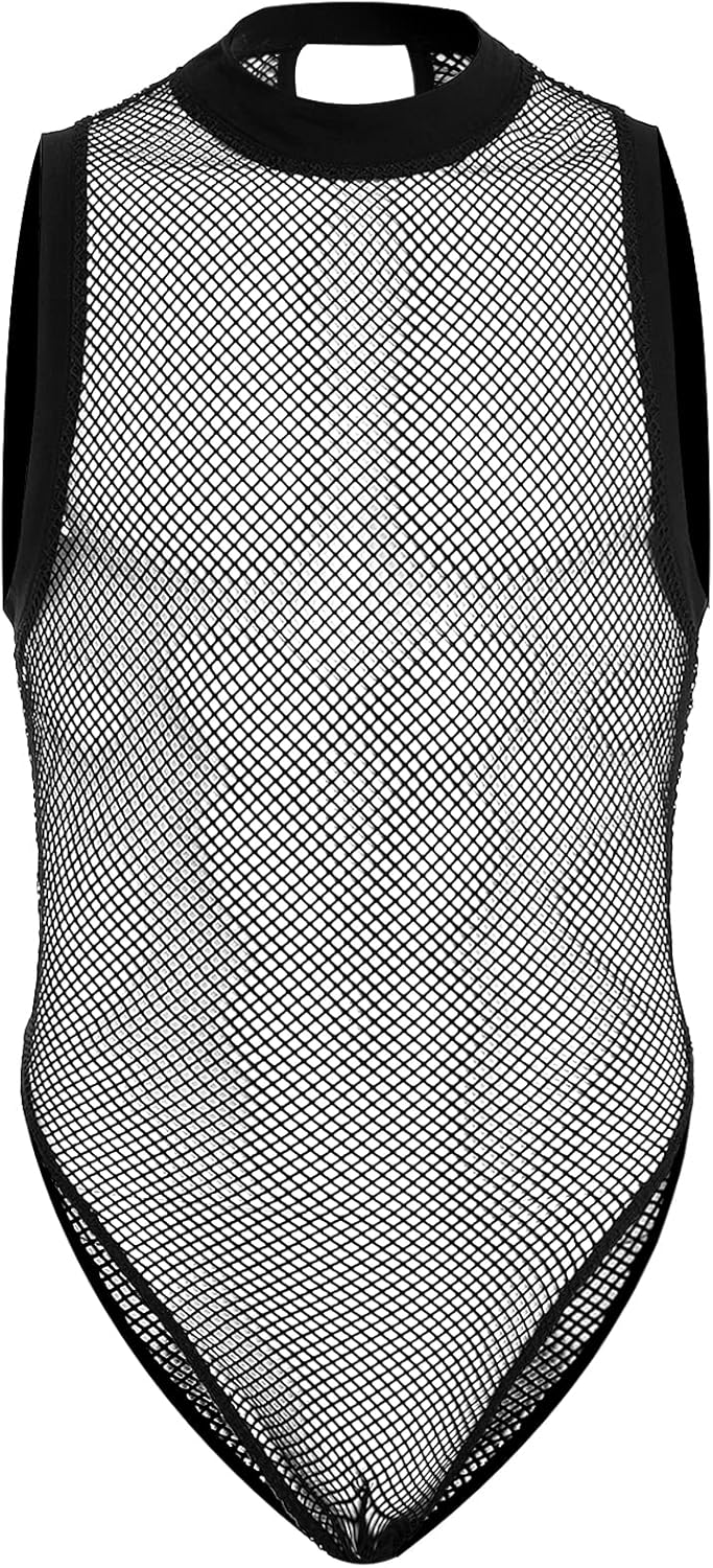 WDIRARA Men's Fishnet Mesh Mock Neck Tank Tops Sleeveless Tee Tops Bodysuit - Image 7