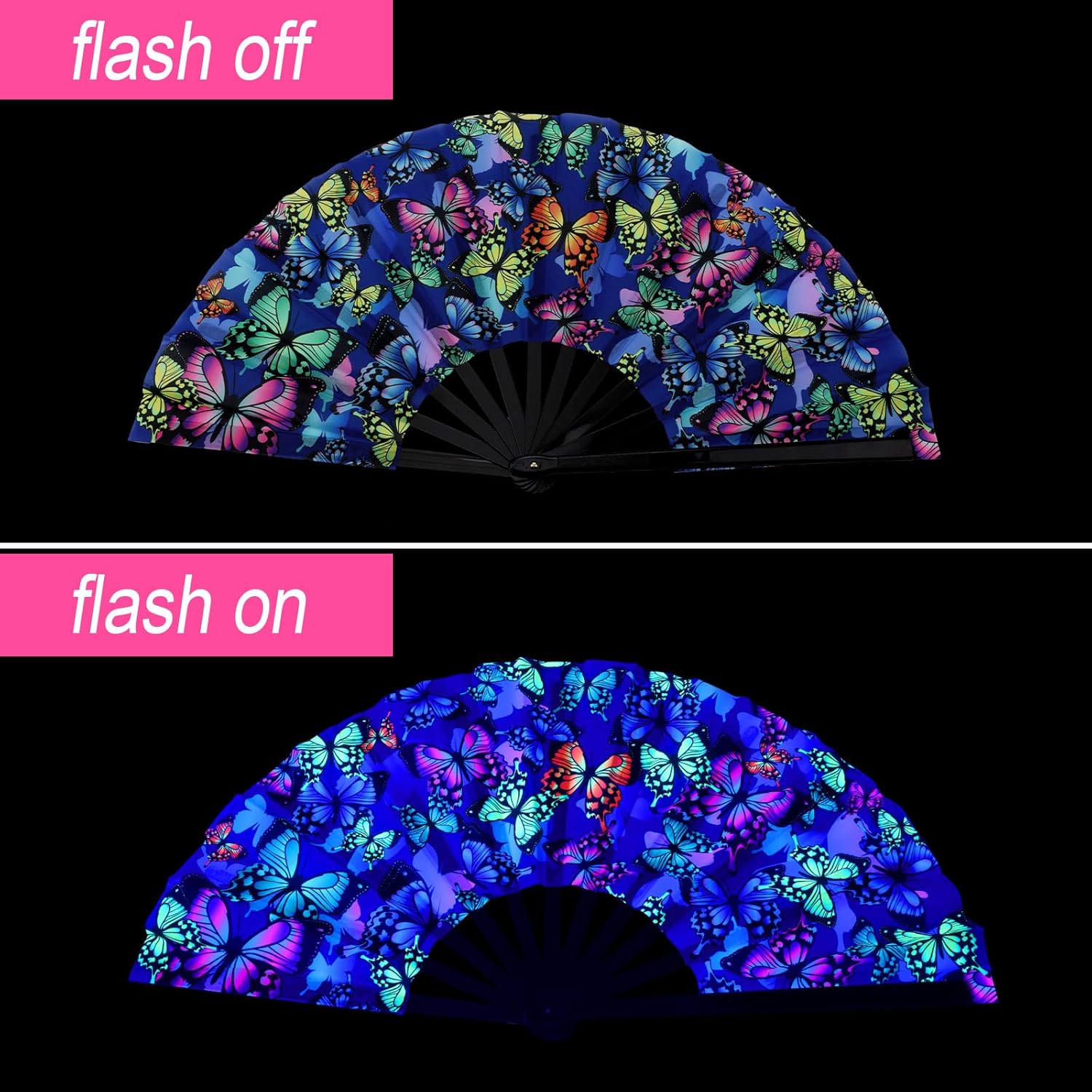 BBTO 4 Pcs Clap Fans for Line Dancing UV Glow Large Folding Hand Rave Fan Men Women Chinese Japanese Bamboo Clack Hand Fan for EDM Music Festival Club Party Dance Gift, 4 Styles, 25"(Fresh) - Image 4