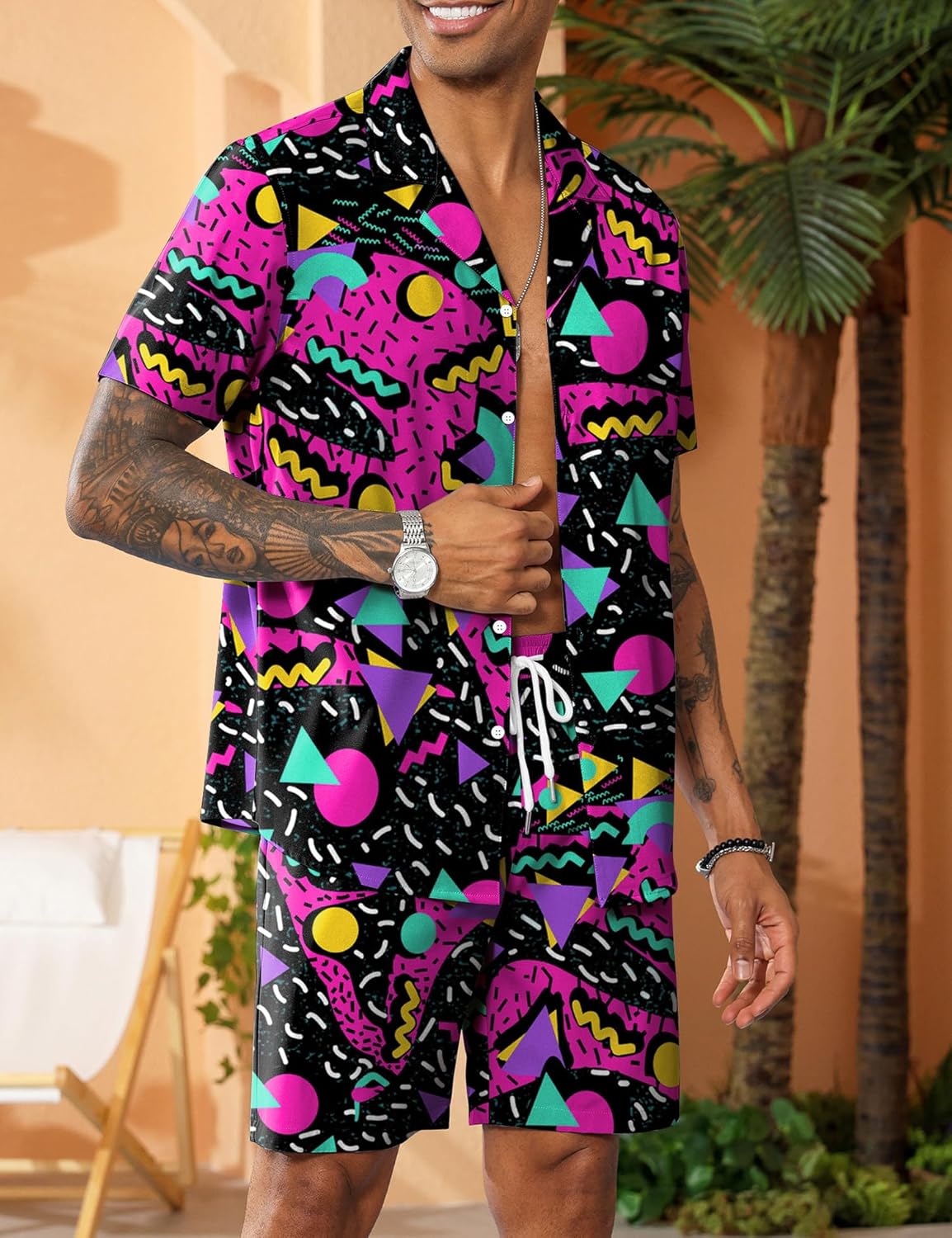 LecGee Men's Rave Outfits Hawaiian Shirts and Shorts Sets 2 Pieces Retro 80s 90s Outfit - Image 3