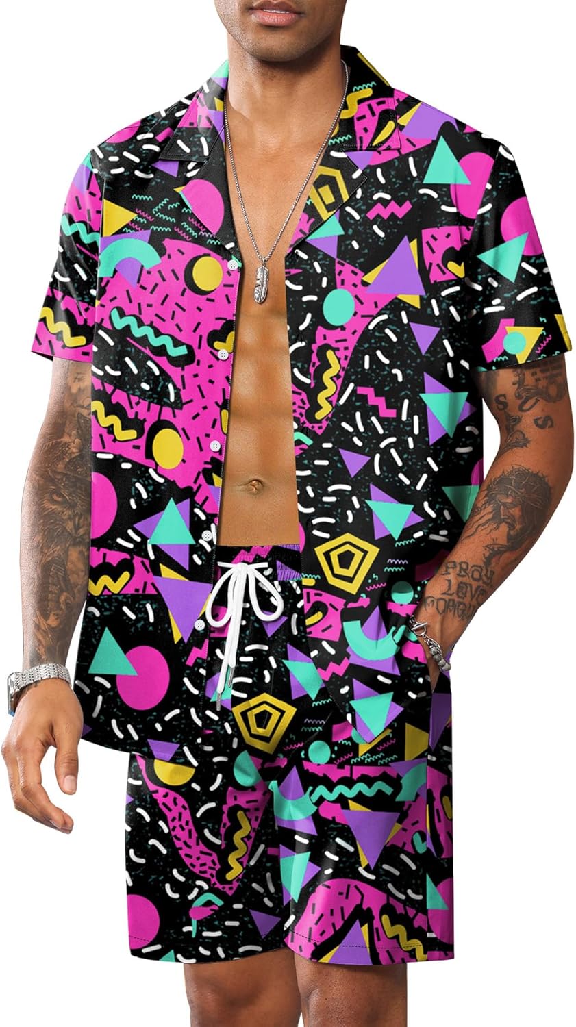LecGee Men's Rave Outfits Hawaiian Shirts and Shorts Sets 2 Pieces Retro 80s 90s Outfit