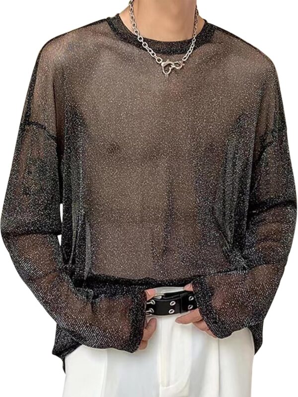 Panegy Men’s Sheer Top Disco Rave Festival Outfits Rock Bands Nightclub Party Tee Shirts Blouse 70s Streetwear
