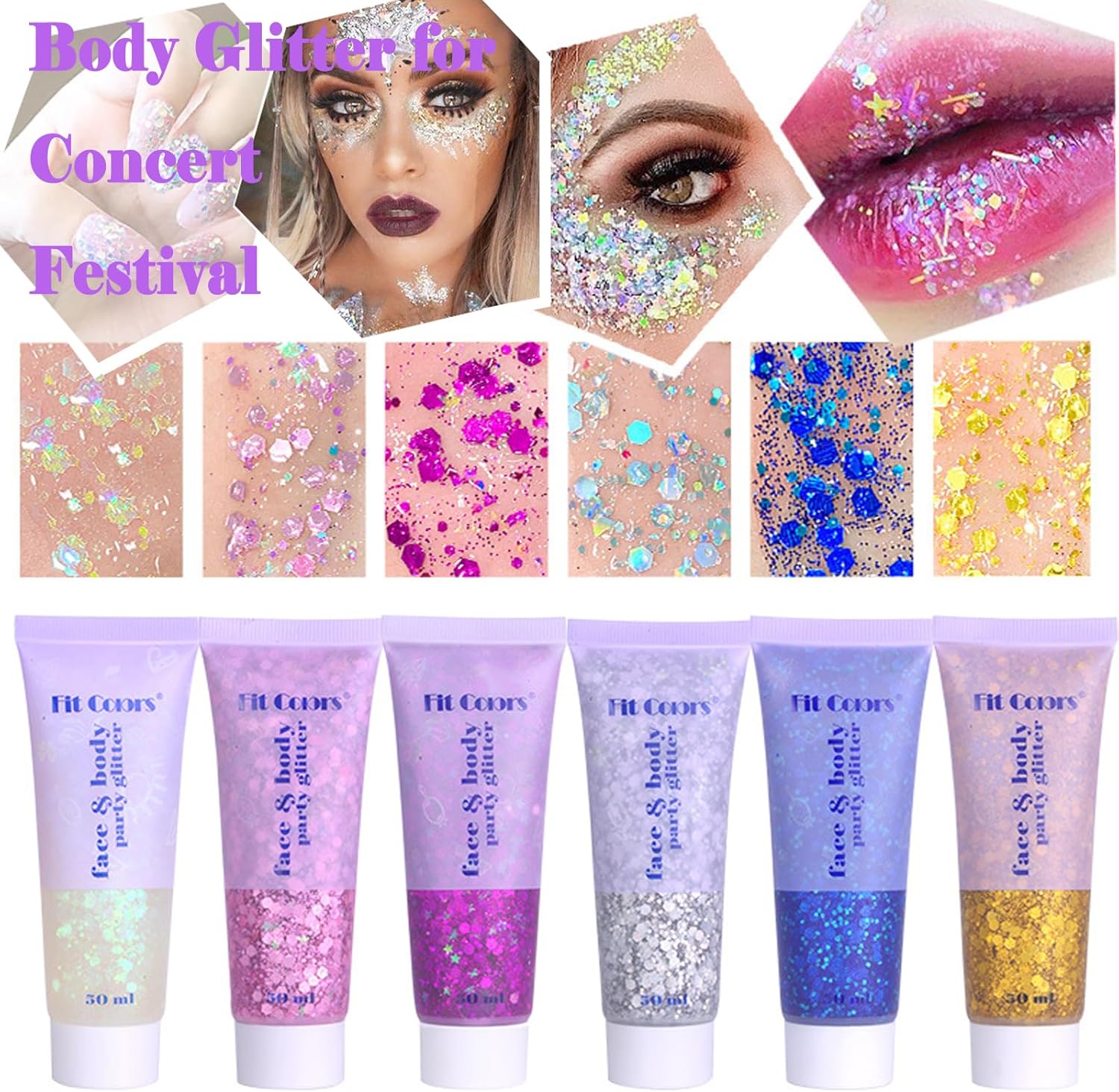 Body Glitter Face Glitter Gel: Singer Concerts Disco Festival Rave Accessories Face Glitter Makeup 150ml Chunky Sequins Mermaid Face Body Hair Glitter Gel (White&Silver&Pink) - Image 4