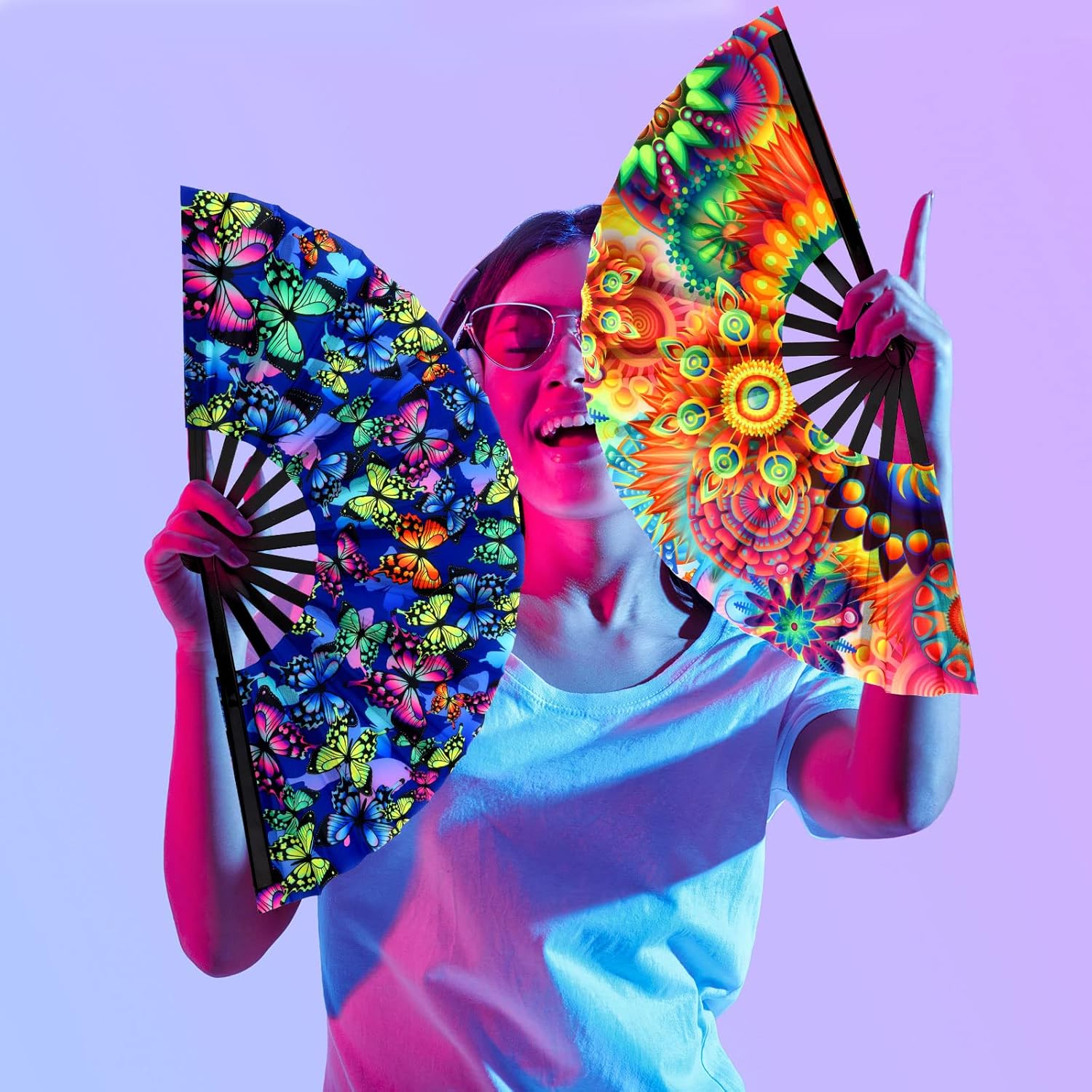 BBTO 4 Pcs Clap Fans for Line Dancing UV Glow Large Folding Hand Rave Fan Men Women Chinese Japanese Bamboo Clack Hand Fan for EDM Music Festival Club Party Dance Gift, 4 Styles, 25"(Fresh) - Image 6