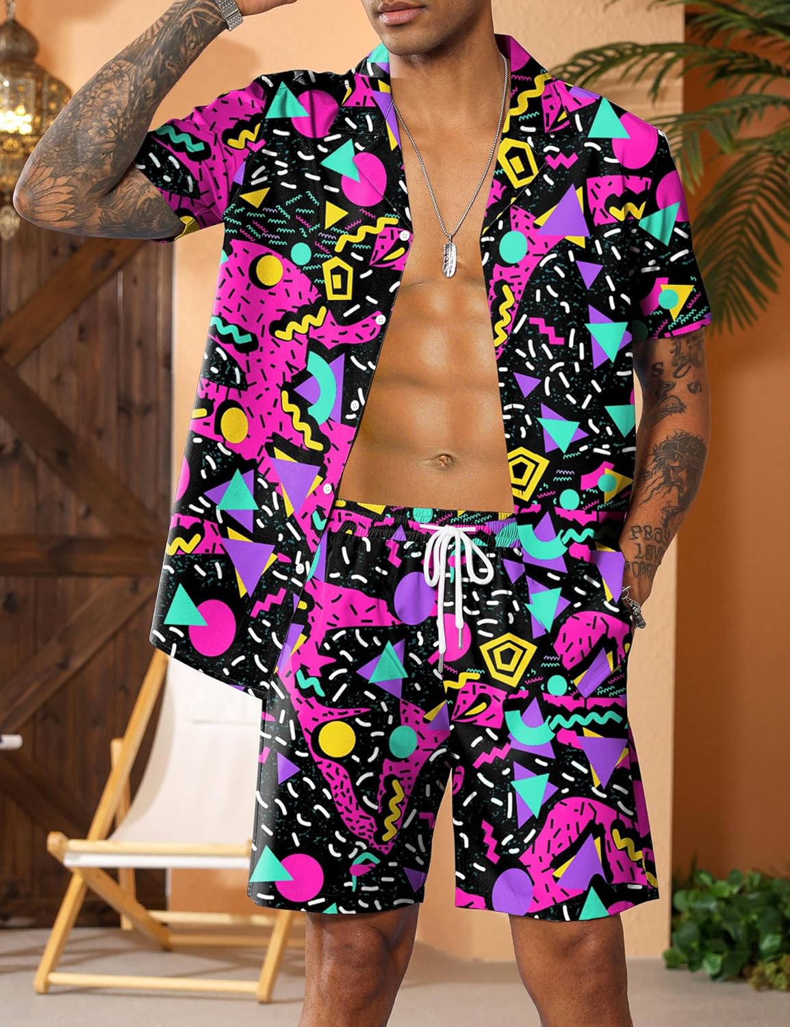 LecGee Men's Rave Outfits Hawaiian Shirts and Shorts Sets 2 Pieces Retro 80s 90s Outfit - Image 2