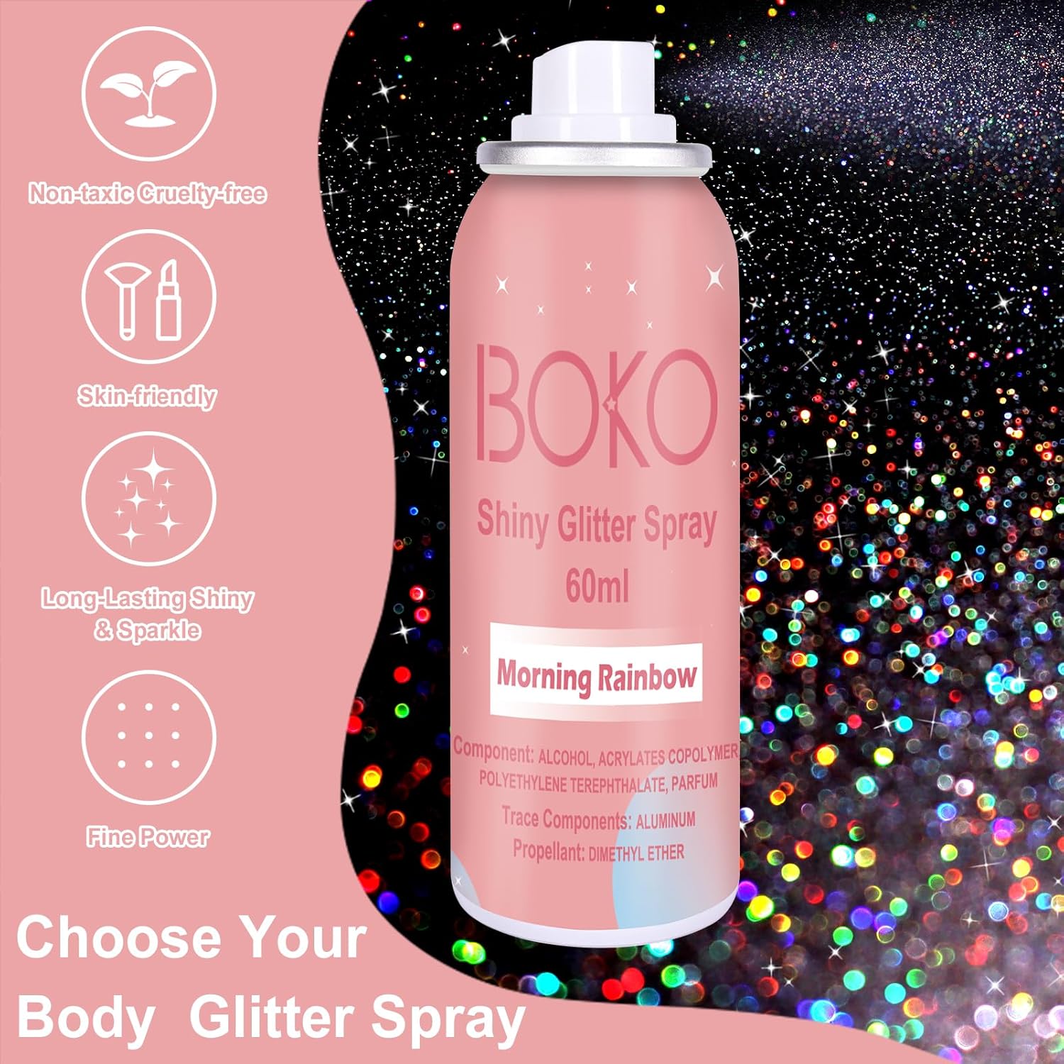 Boko Body Glitter Spray, 60ML Holographic Silver Glitter Spray for Body Hair Clothes, Quick-Drying and Long-Lasting Glitter Hairspray Body Shiny for Festival Music Concert Party Rave Accessories - Image 2