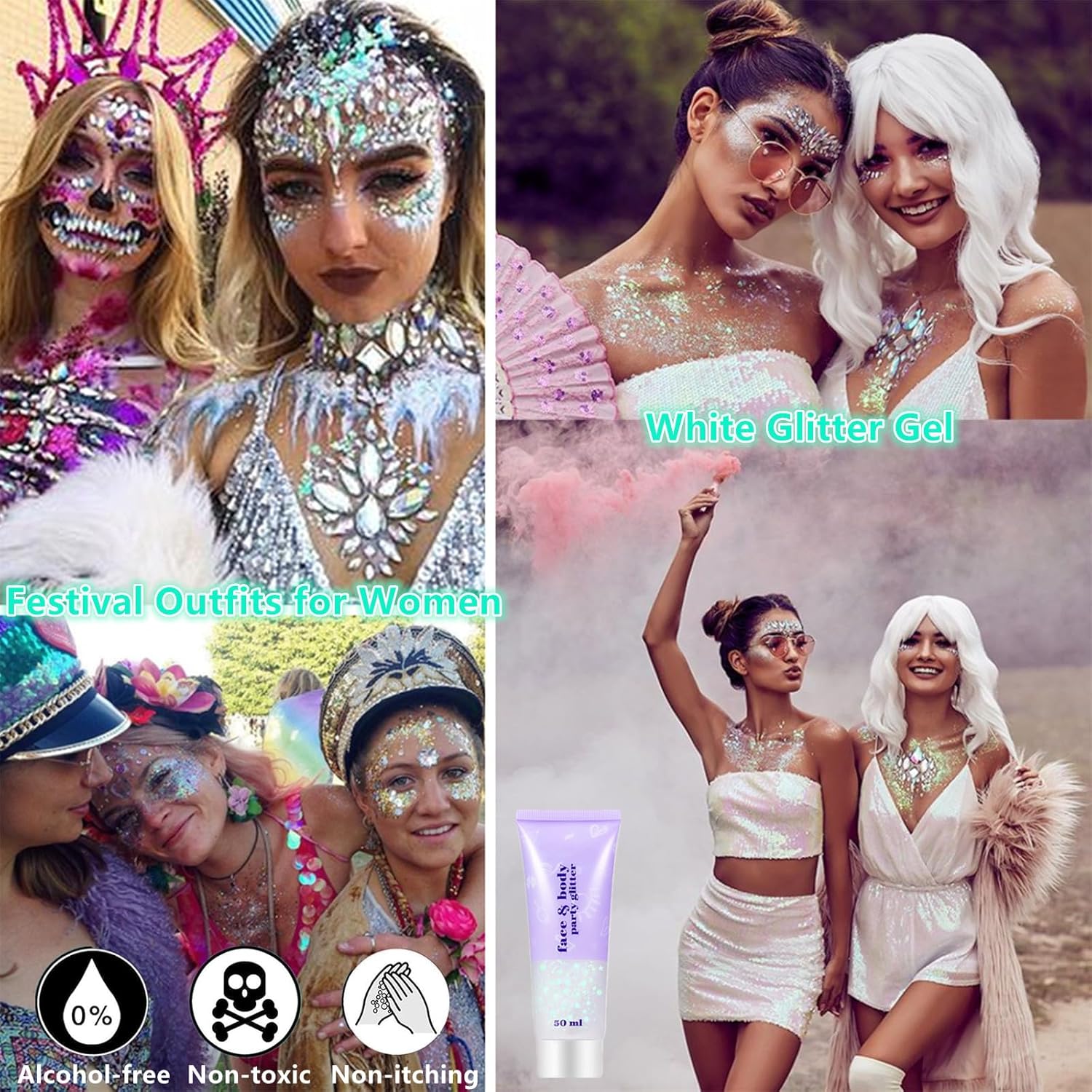 Go Ho Clear White Face Body Glitter,Mardi Gras Festival Rave Outfits for Women&Kids,Holographic Mermaid White Face Paint,Halloween Fairy Makeup Chunky Glitter Sequins Gel,Rave Accessories,52g - Image 2
