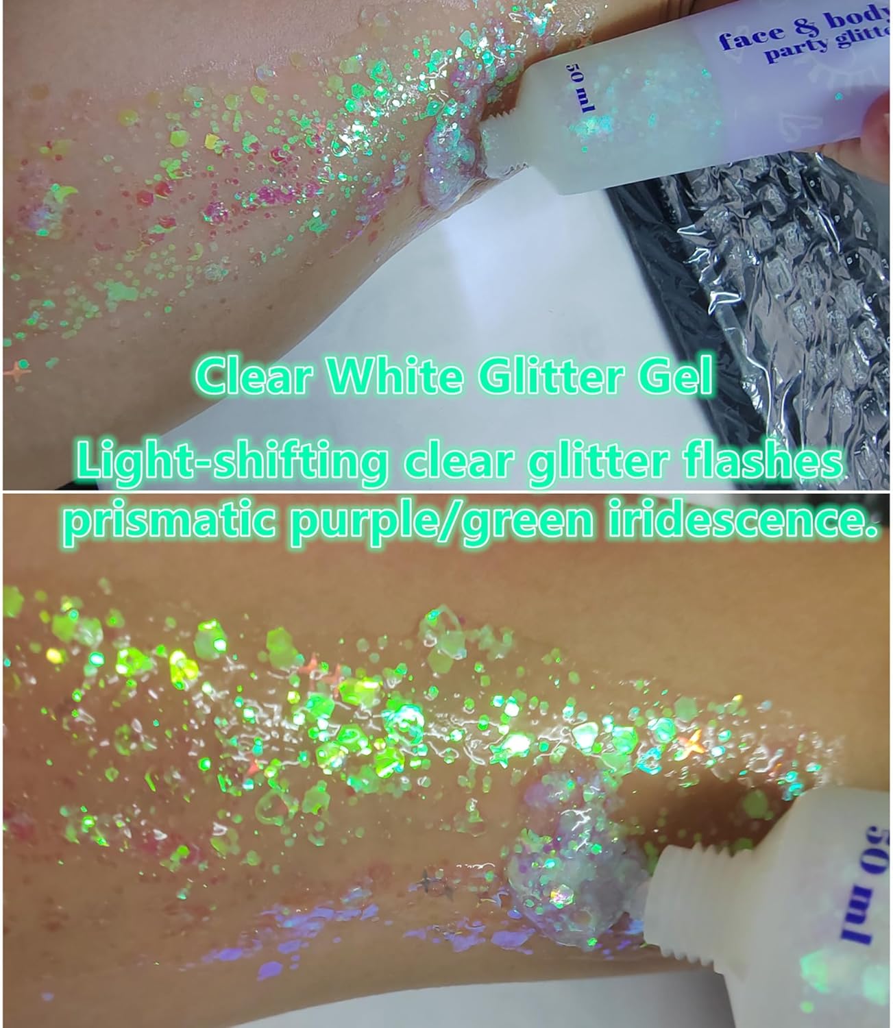 Go Ho Clear White Face Body Glitter,Mardi Gras Festival Rave Outfits for Women&Kids,Holographic Mermaid White Face Paint,Halloween Fairy Makeup Chunky Glitter Sequins Gel,Rave Accessories,52g - Image 5