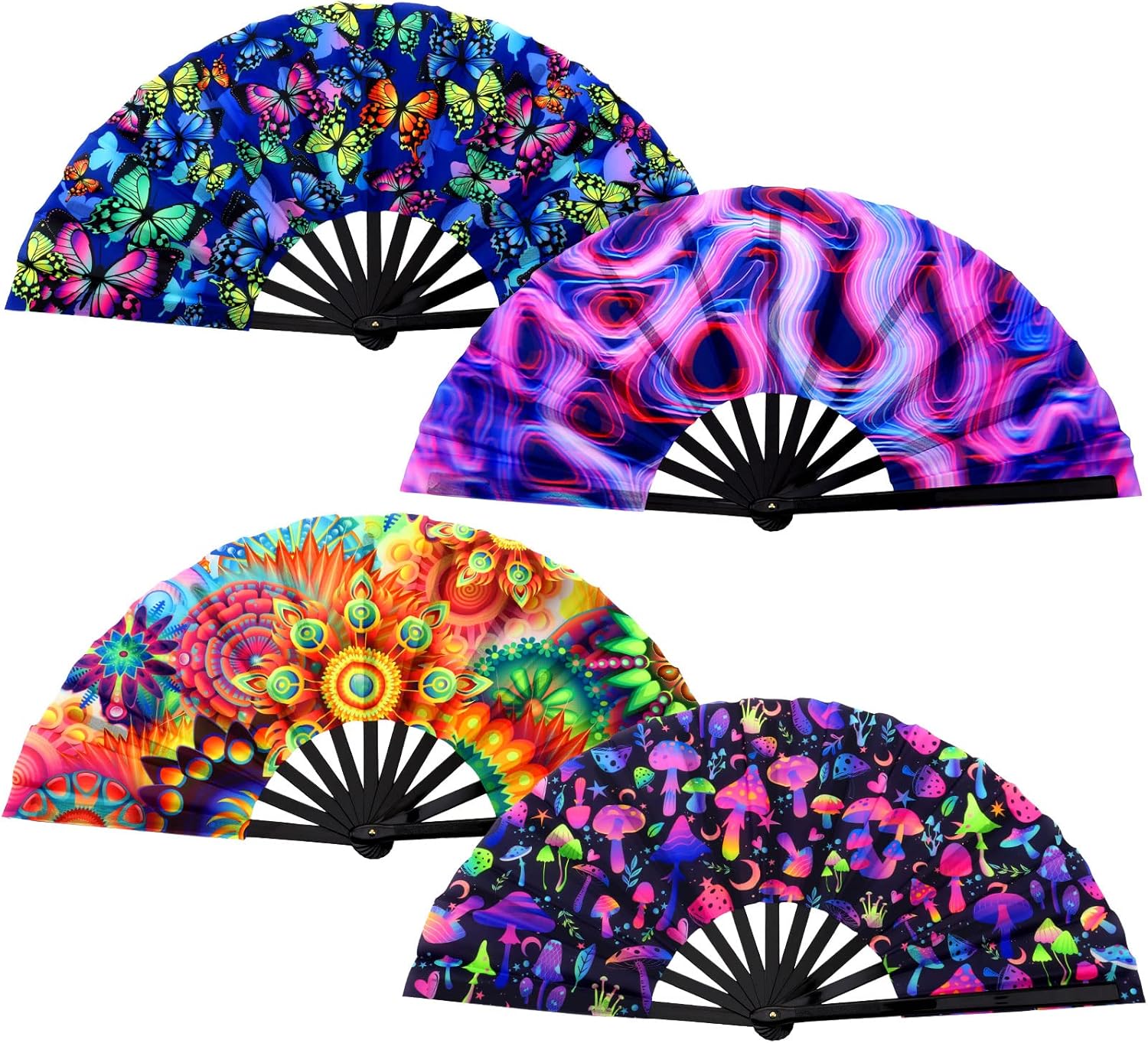 BBTO 4 Pcs Clap Fans for Line Dancing UV Glow Large Folding Hand Rave Fan Men Women Chinese Japanese Bamboo Clack Hand Fan for EDM Music Festival Club Party Dance Gift, 4 Styles, 25"(Fresh)