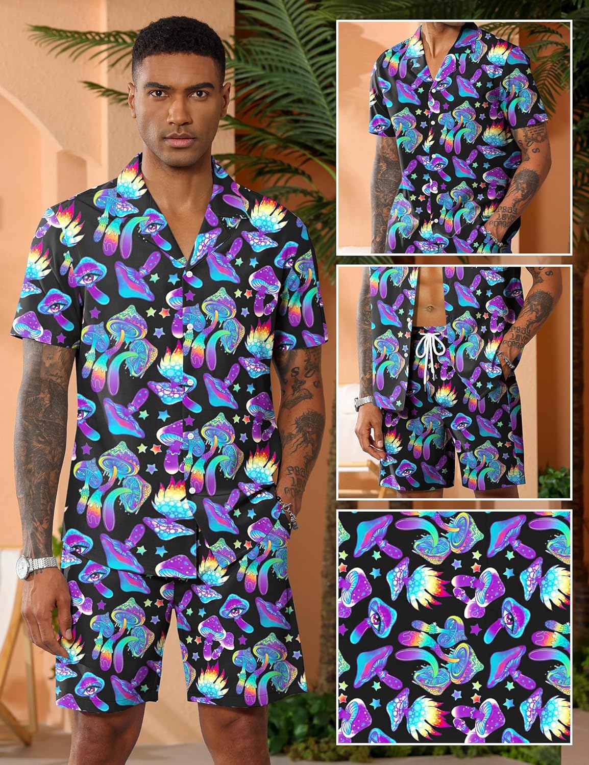 LecGee Men's Rave Outfits Hawaiian Shirts and Shorts Sets 2 Pieces Retro 80s 90s Outfit - Image 5