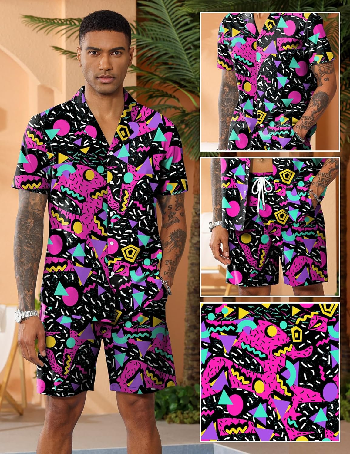LecGee Men's Rave Outfits Hawaiian Shirts and Shorts Sets 2 Pieces Retro 80s 90s Outfit - Image 5