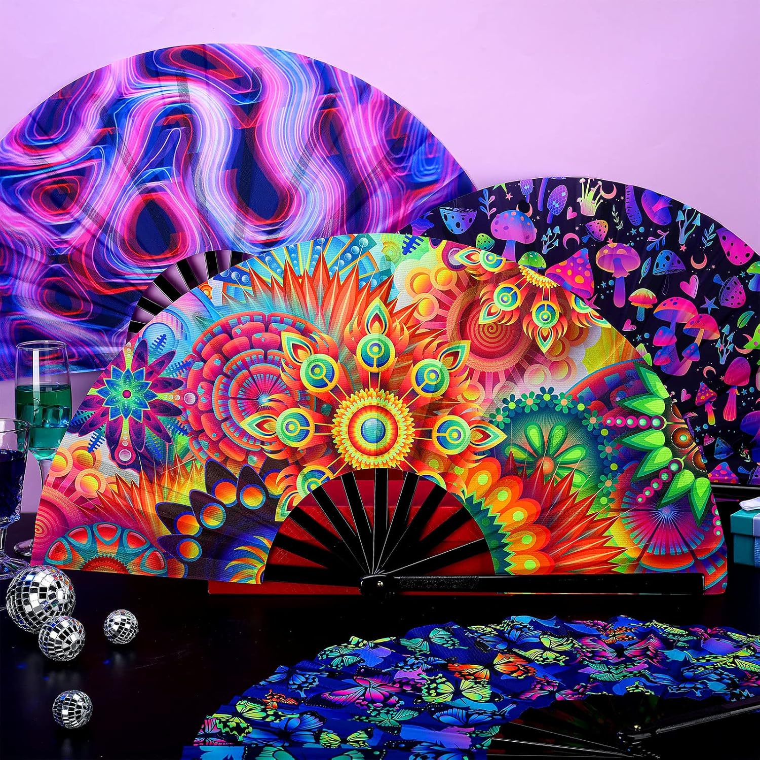 BBTO 4 Pcs Clap Fans for Line Dancing UV Glow Large Folding Hand Rave Fan Men Women Chinese Japanese Bamboo Clack Hand Fan for EDM Music Festival Club Party Dance Gift, 4 Styles, 25"(Fresh) - Image 5