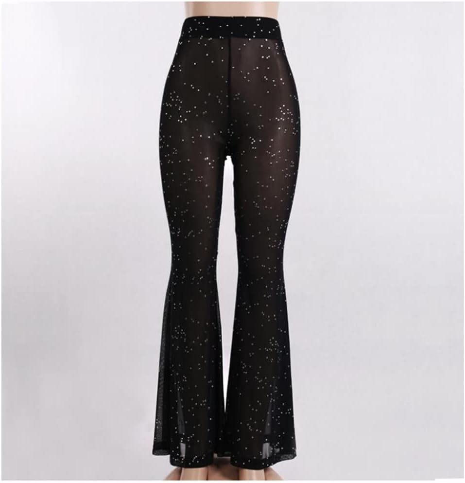 Women's Rave Sheer Mesh Sparkly Pants Bell Bottom Rave Outfit Clothes for Festival Dance Clubwear - Image 5