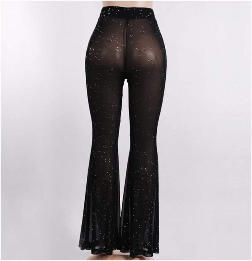 Women's Rave Sheer Mesh Sparkly Pants Bell Bottom Rave Outfit Clothes for Festival Dance Clubwear - Image 7